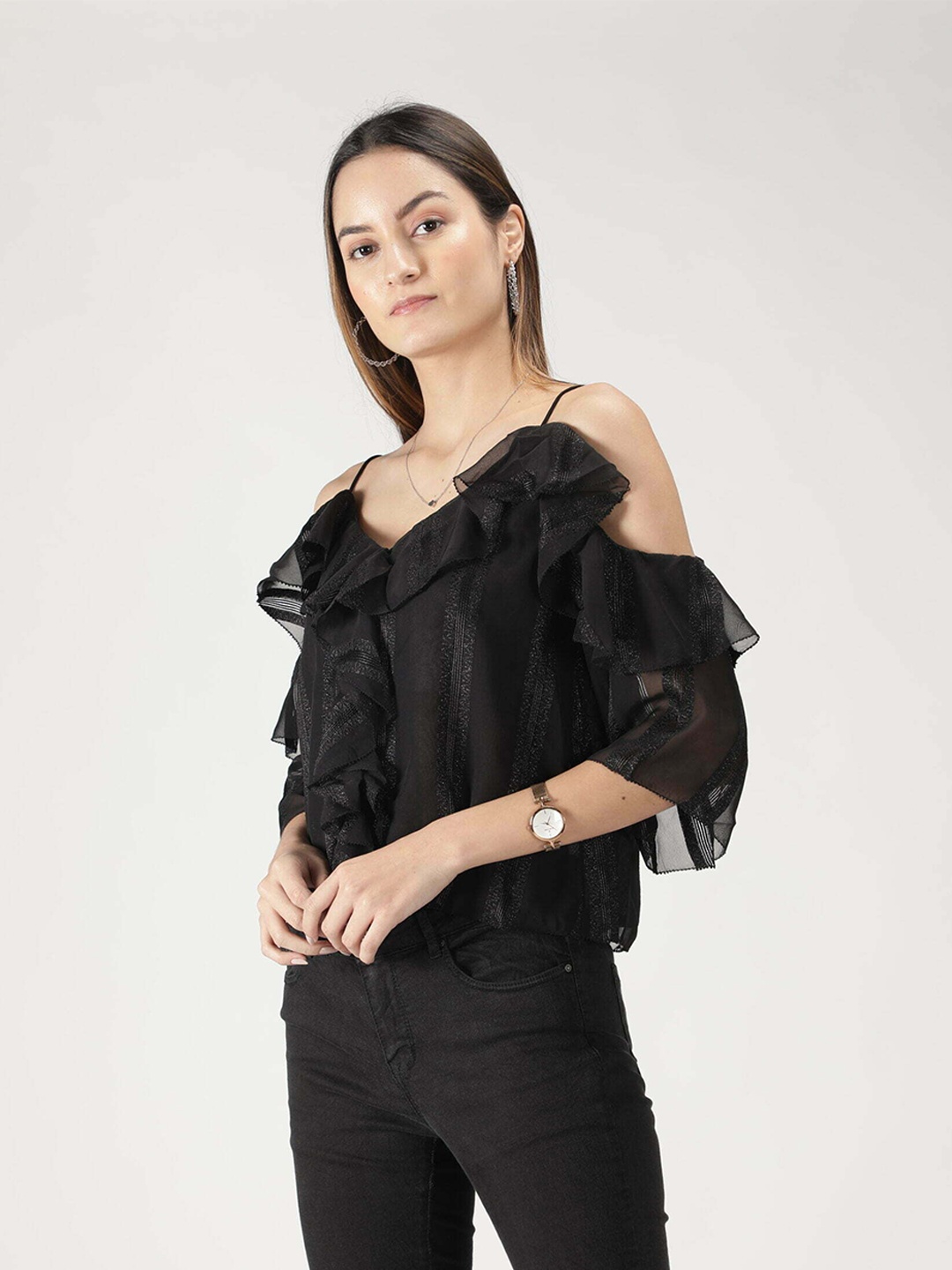 

TheBlackLover Women Black Ruffles Bardot Top