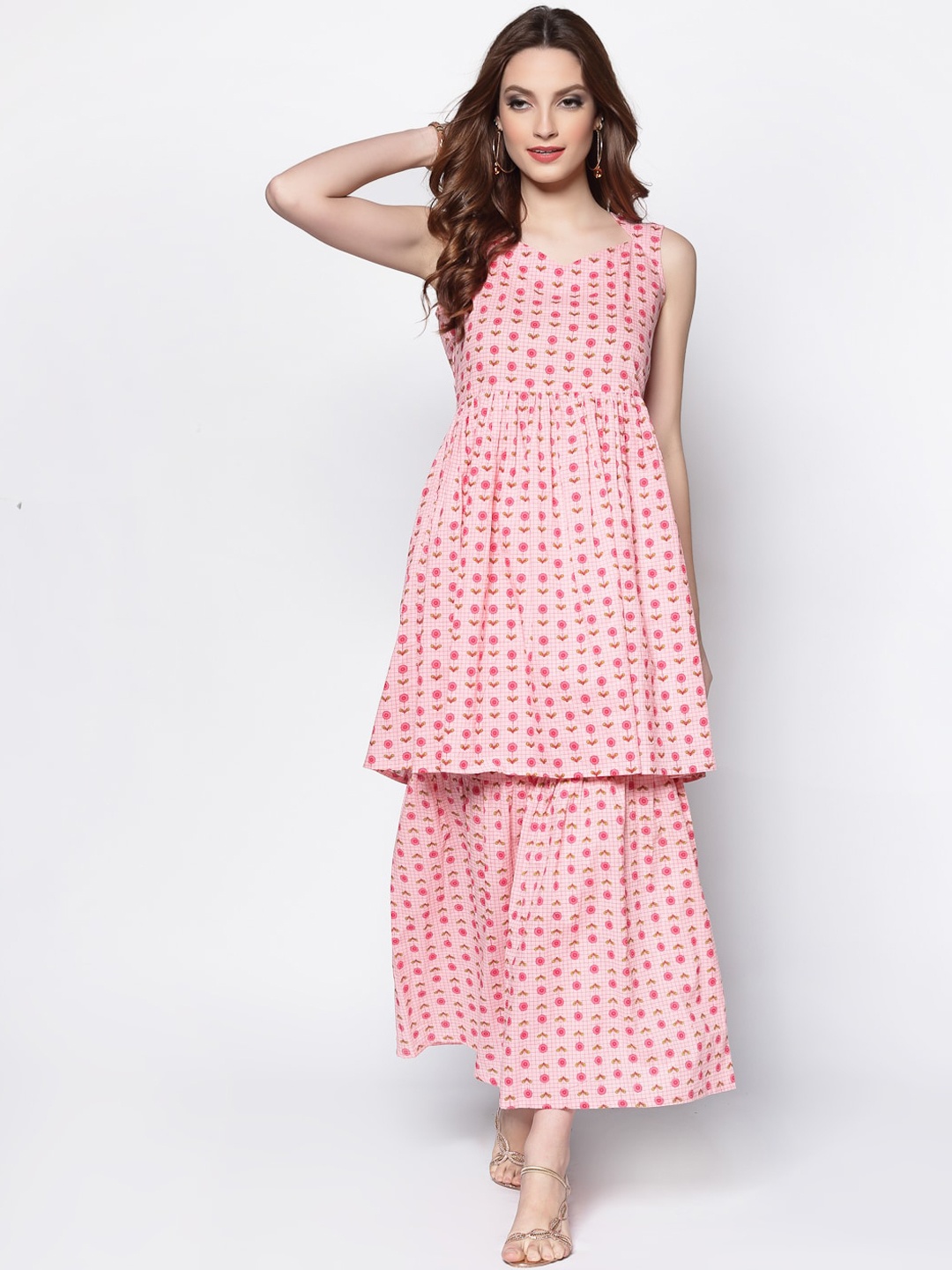 

Sera Women Floral Printed Regular Pure Cotton Kurta with Sharara, Pink
