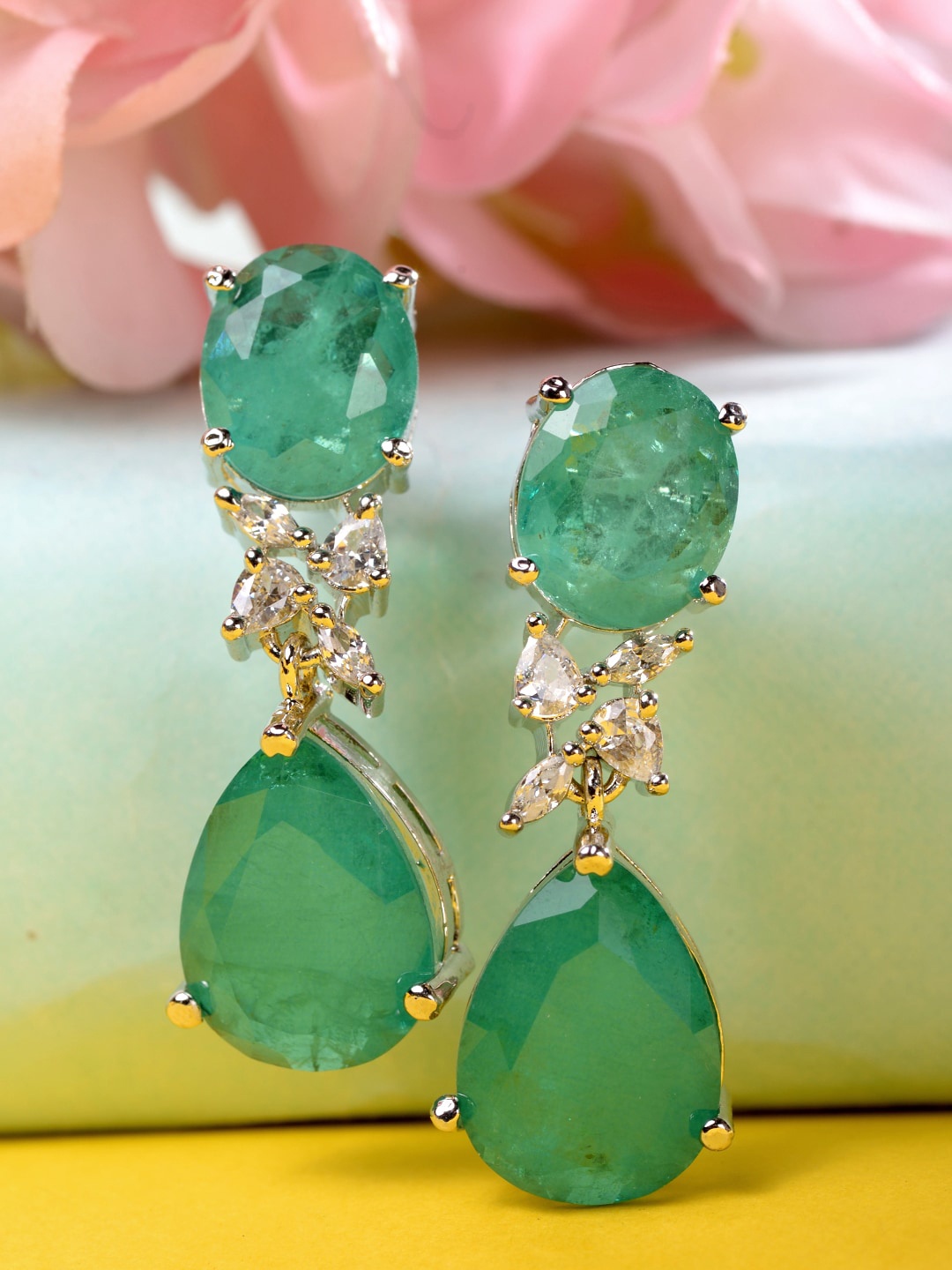 

Saraf RS Jewellery Silver-Plated & Green American Diamond Studded Drop Earrings