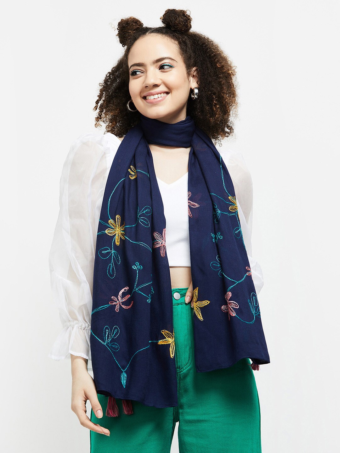

Max Women Blue & Green Embroidered Scarf