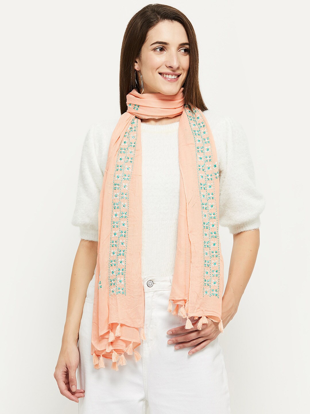 

max Women Embroidered Viscose Rayon Scarf, Beige