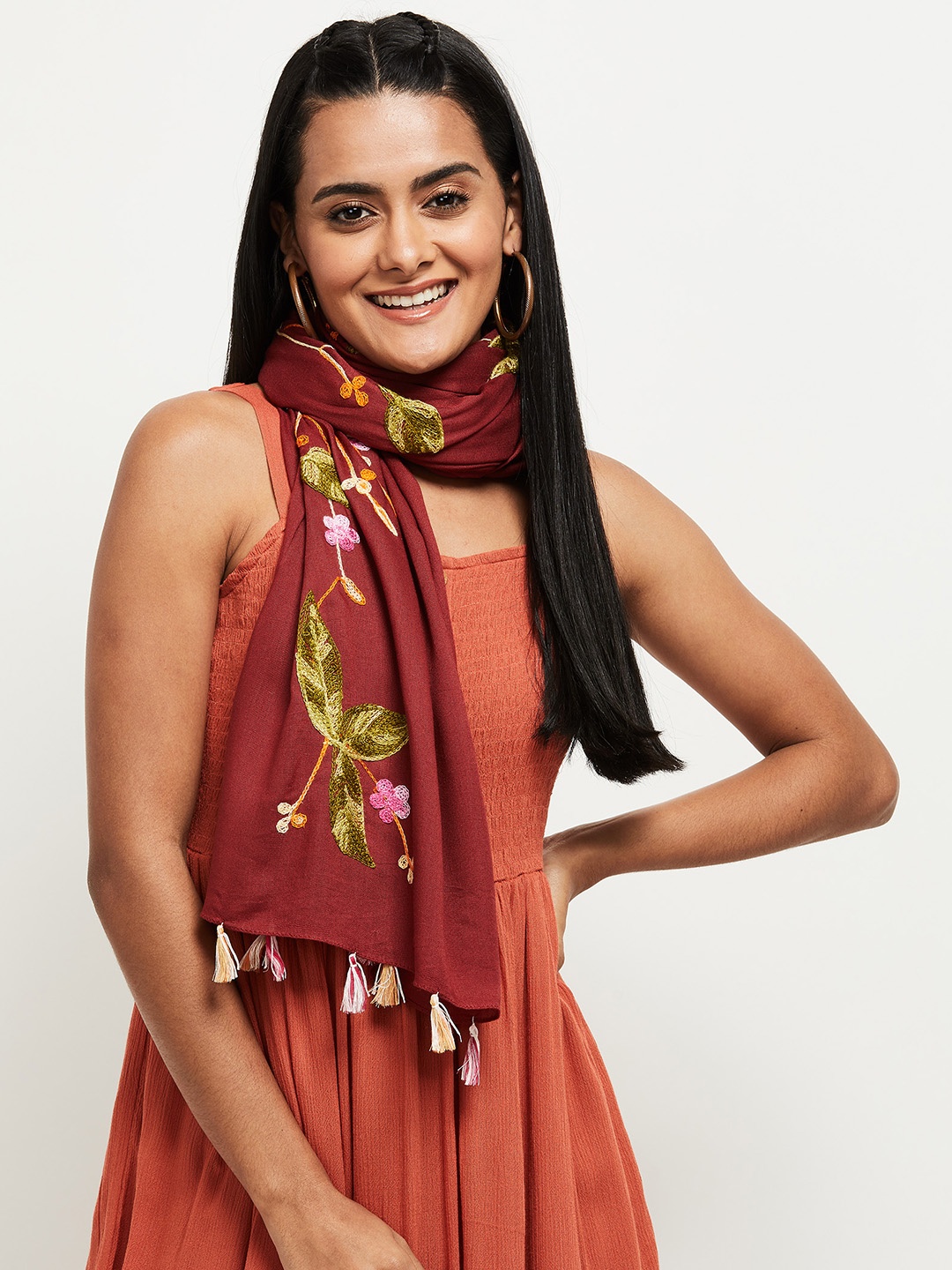 

max Women Embroidered Viscose Rayon Scarf, Maroon