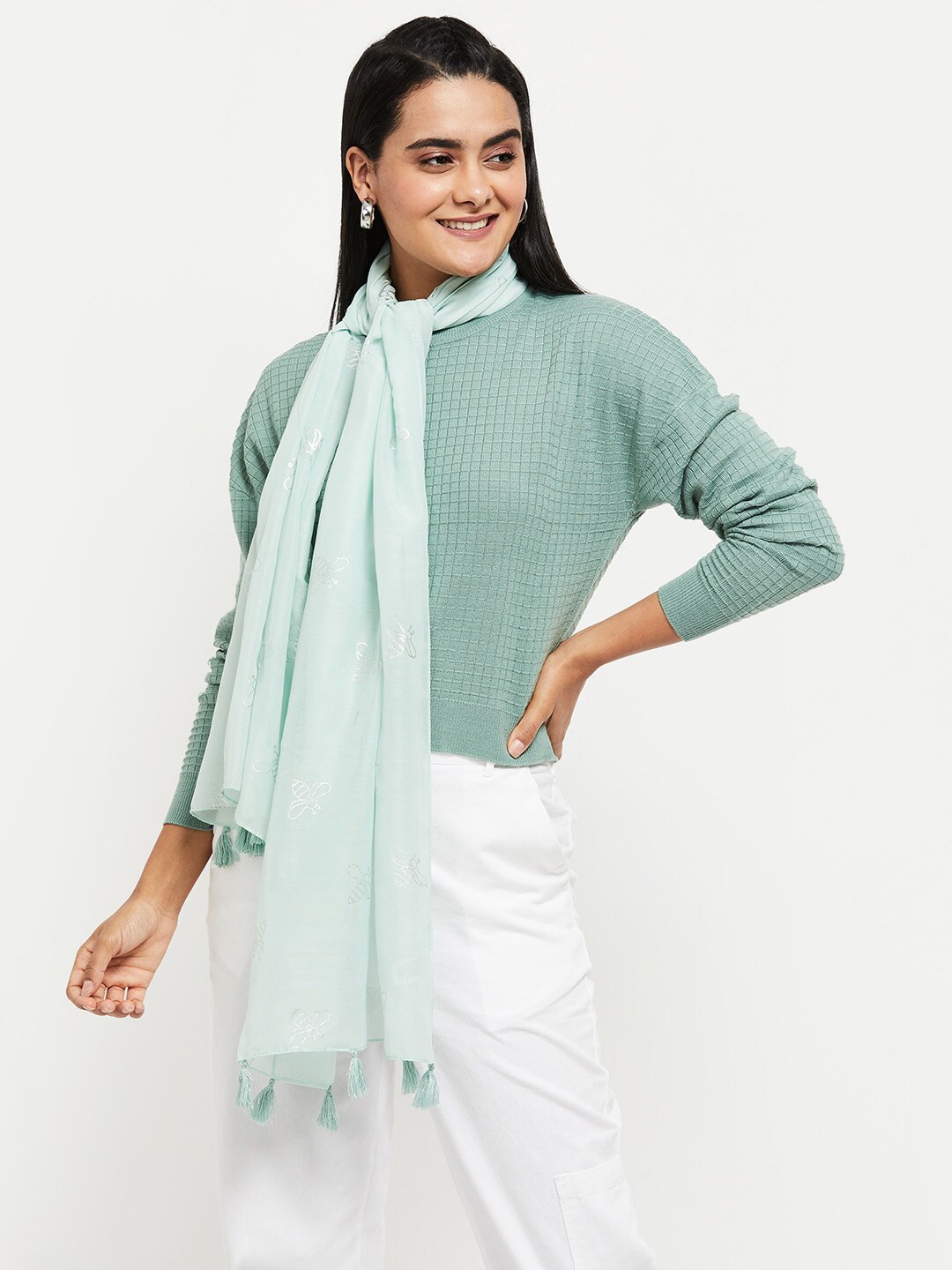 

max Women Self Design Polyester Scarf, Sea green