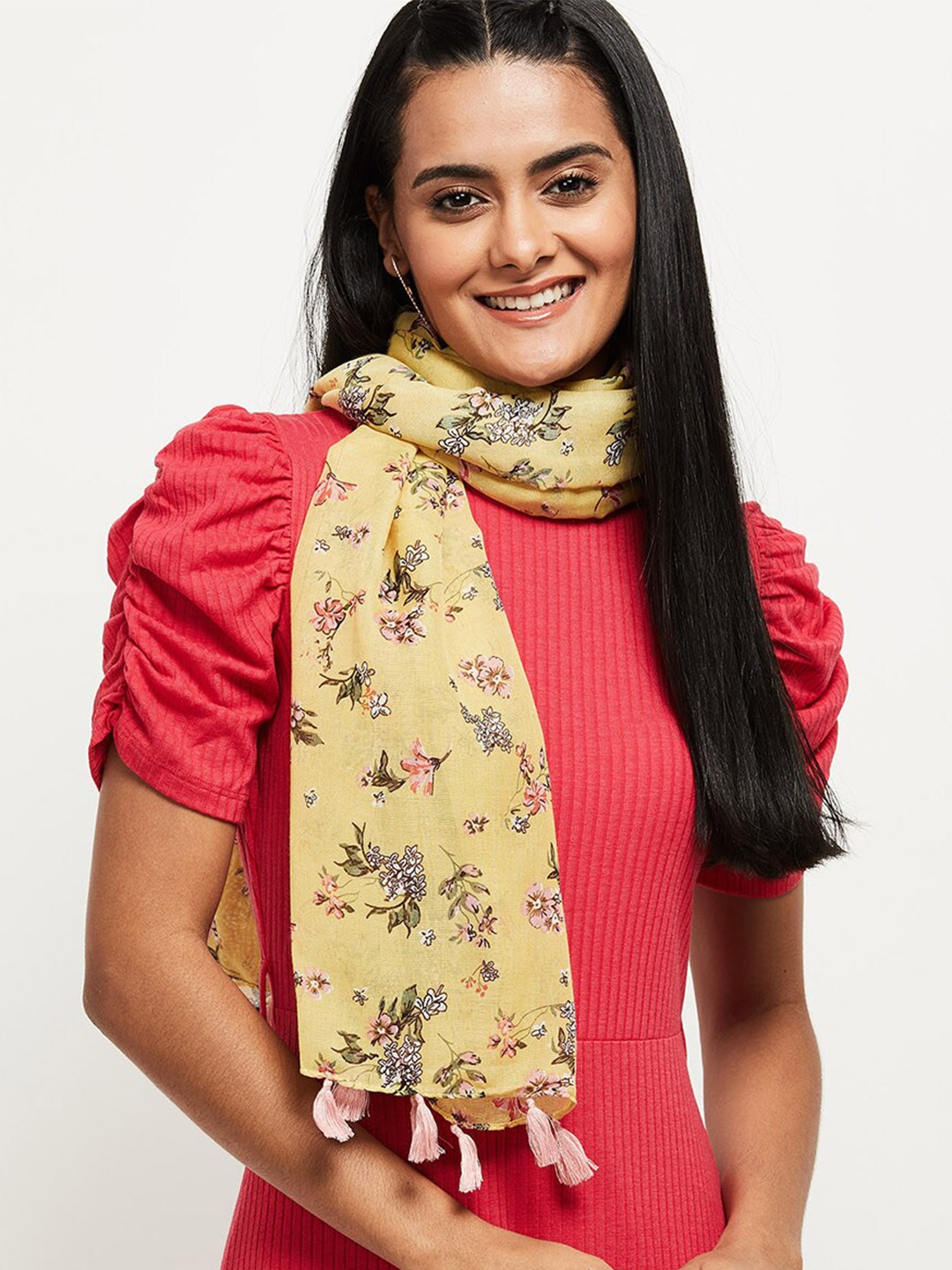 

max Women Floral Printed Polyester Scarf, Yellow