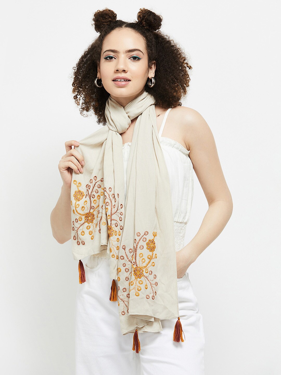 

max Women Floral Embroidered Polyester Scarf, Beige