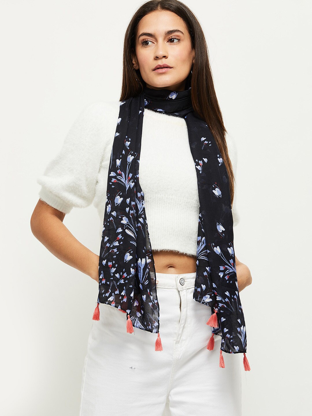 

max Women Floral Printed Polyester Scarf, Blue