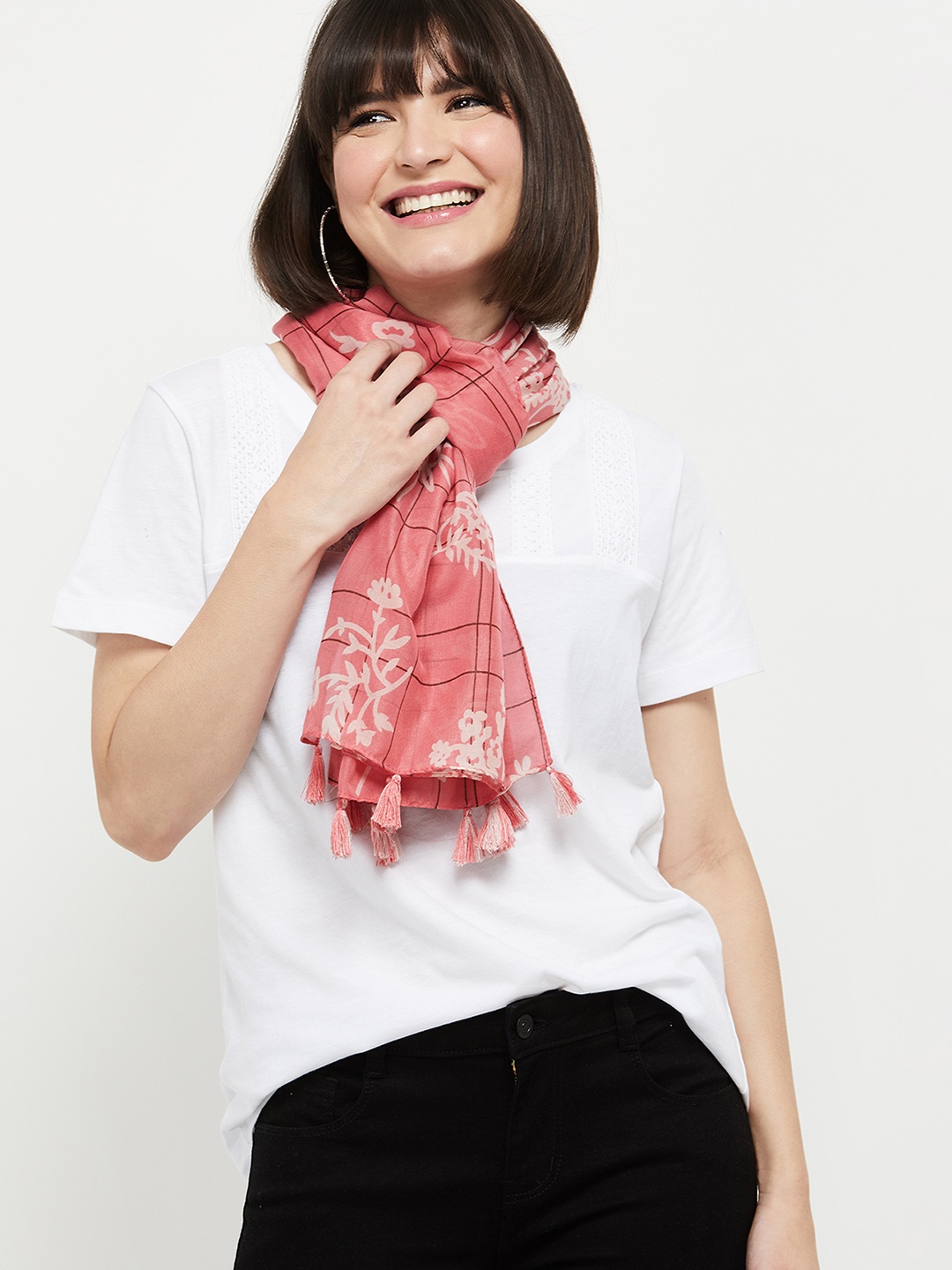 

max Women Checked Polyester Scarf, Pink