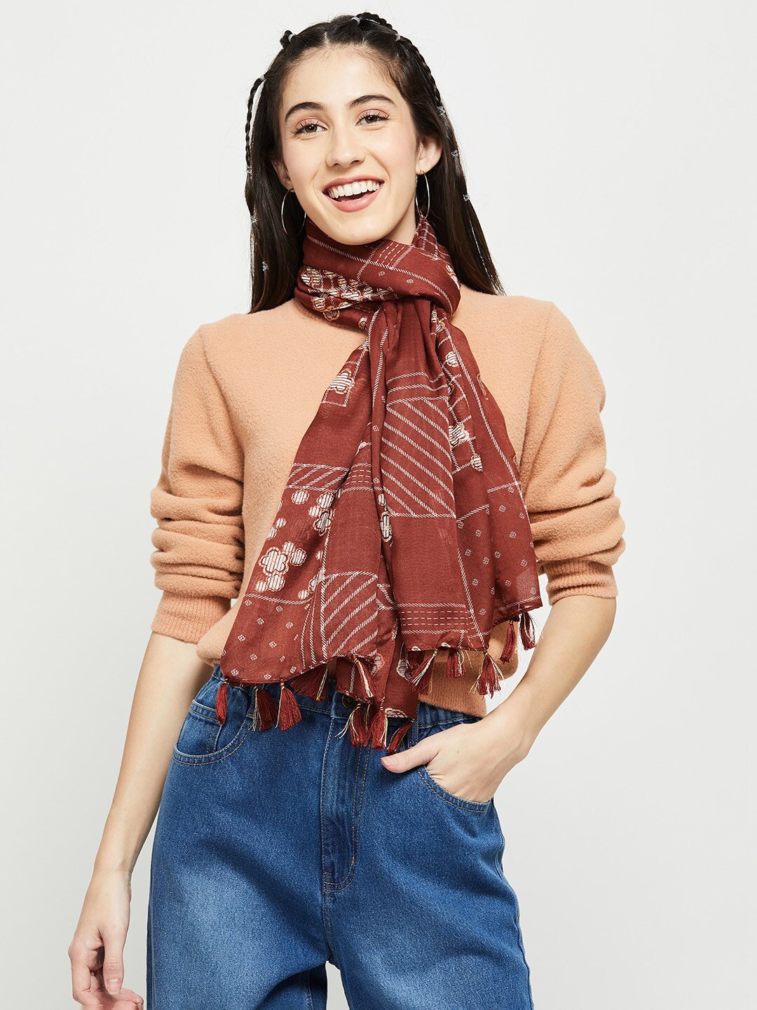 

max Women Printed Polyester Scarf, Brown