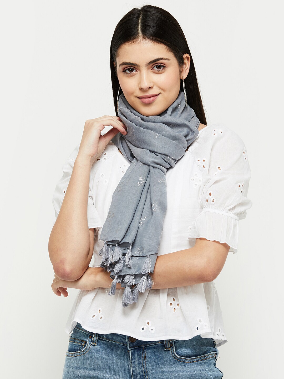 

max Women Embroidered Polyester Scarf, Grey