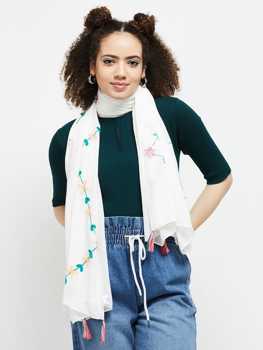 

max Women Embroidered Polyester Scarf, White