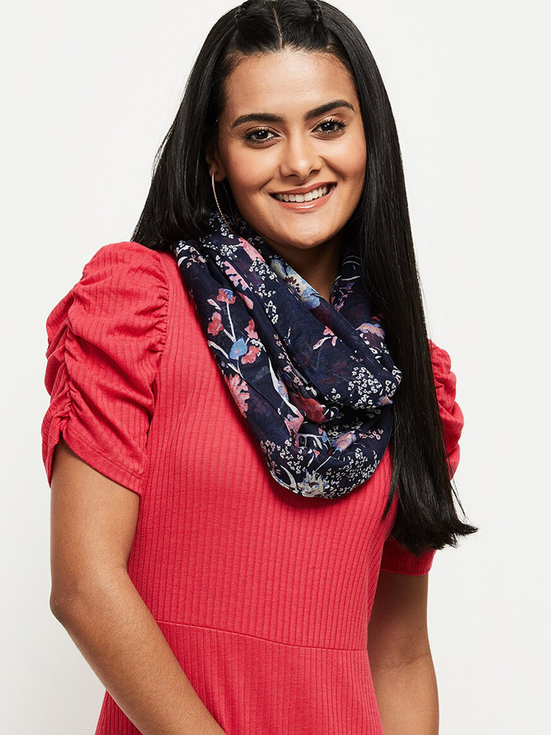 

max Women Floral Printed Polyester Scarf, Navy blue