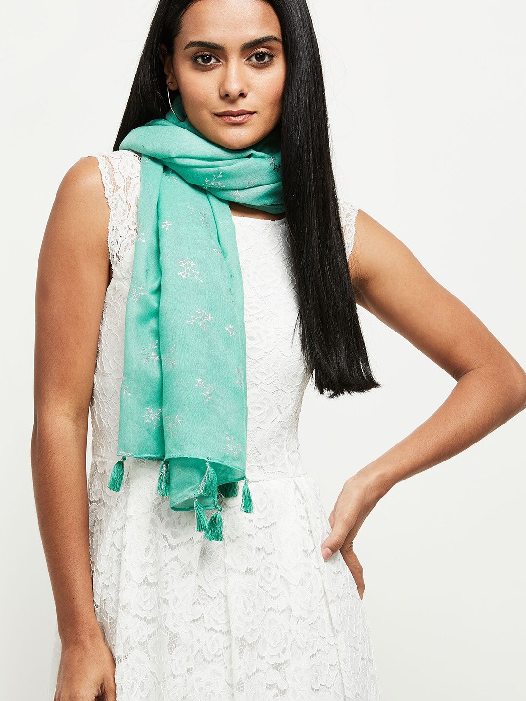 

max Women Self Design Polyester Scarf, Green