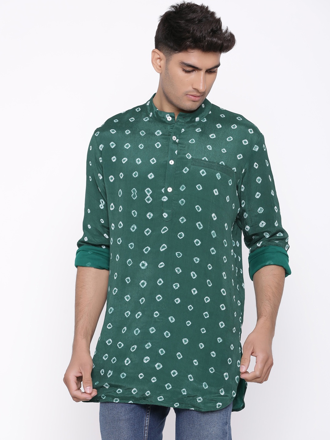 

Tistabene Men Green & White Bandhani Printed Kurta