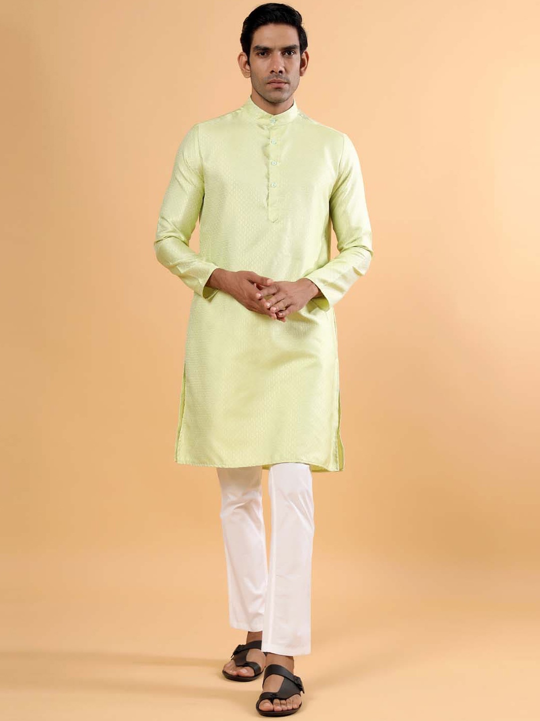 

Tistabene Men Green Woven Design Silk Kurta