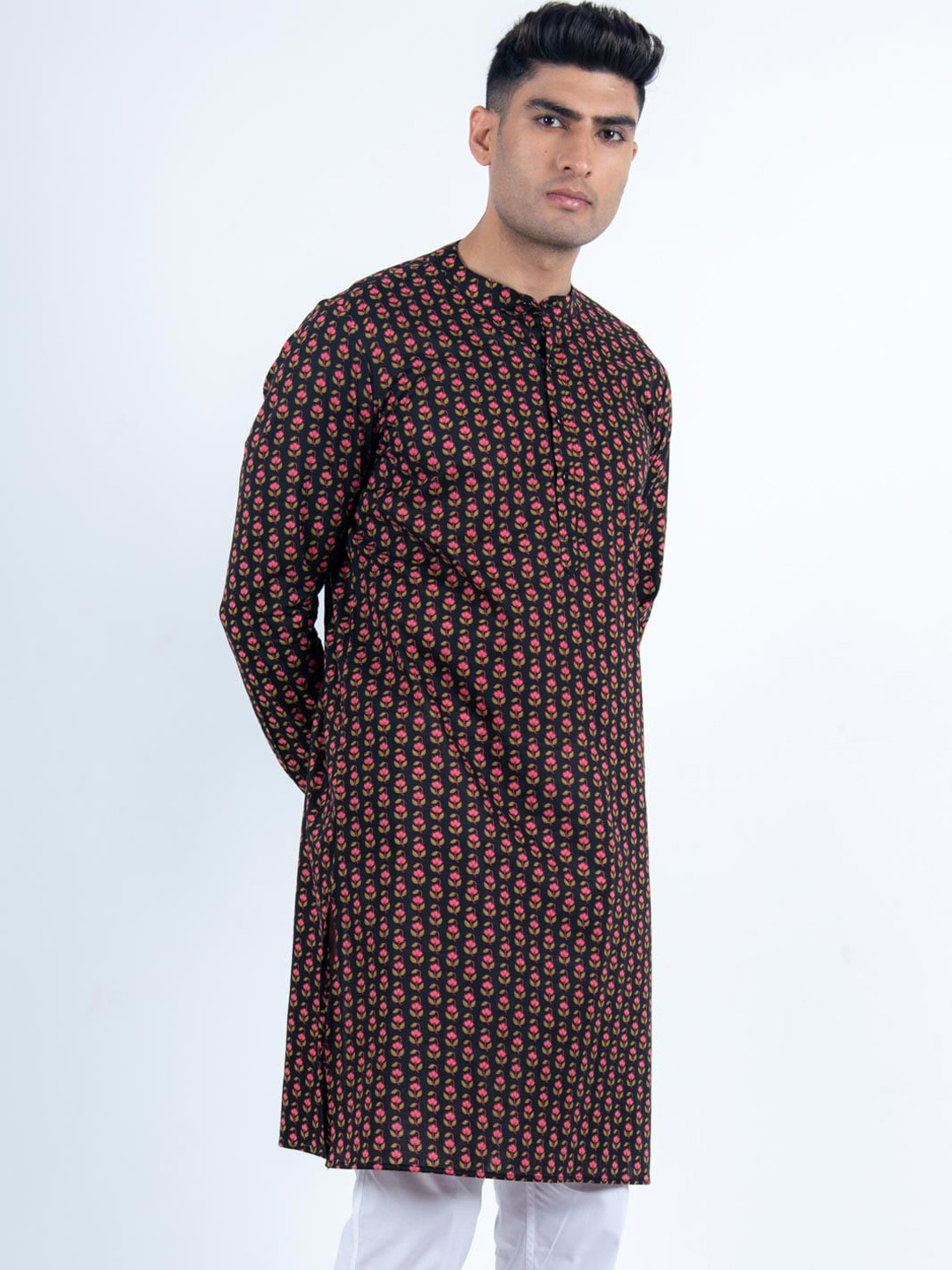 

Tistabene Men Black & Pink Cotton Floral Printed Kurta