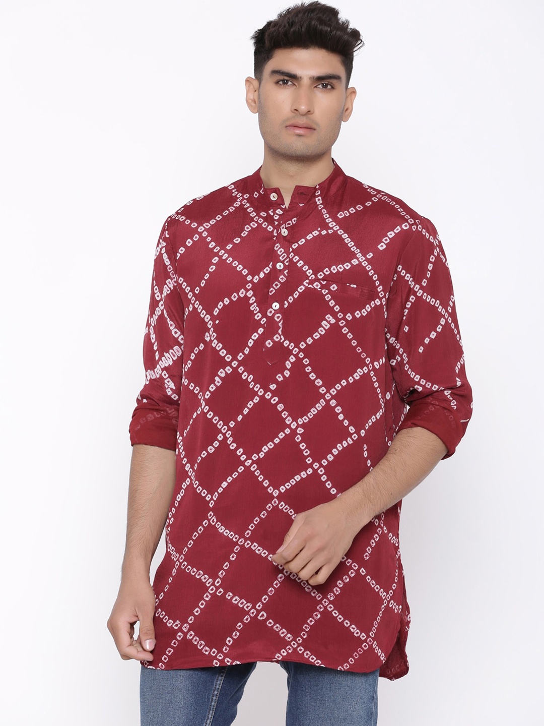 

Tistabene Men Maroon Bandhani Printed Kurta