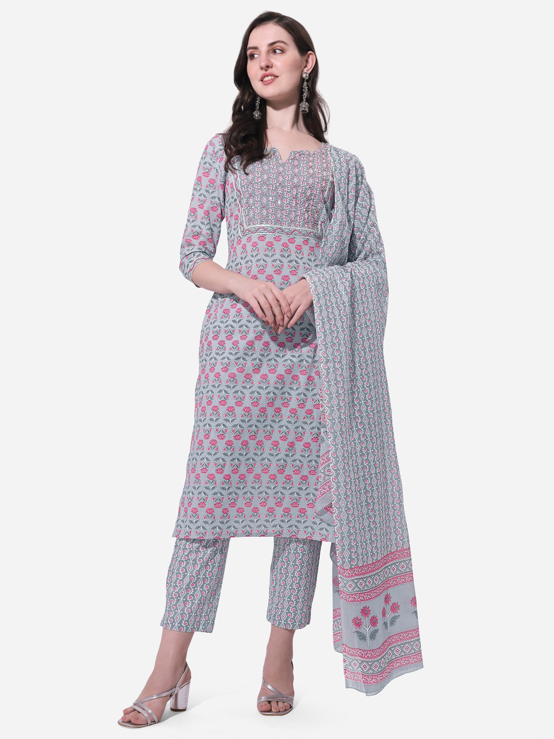 

MIRCHI FASHION Women Plus Size Floral Printed Pure Cotton Kurta with Trouser & Dupatta, Grey