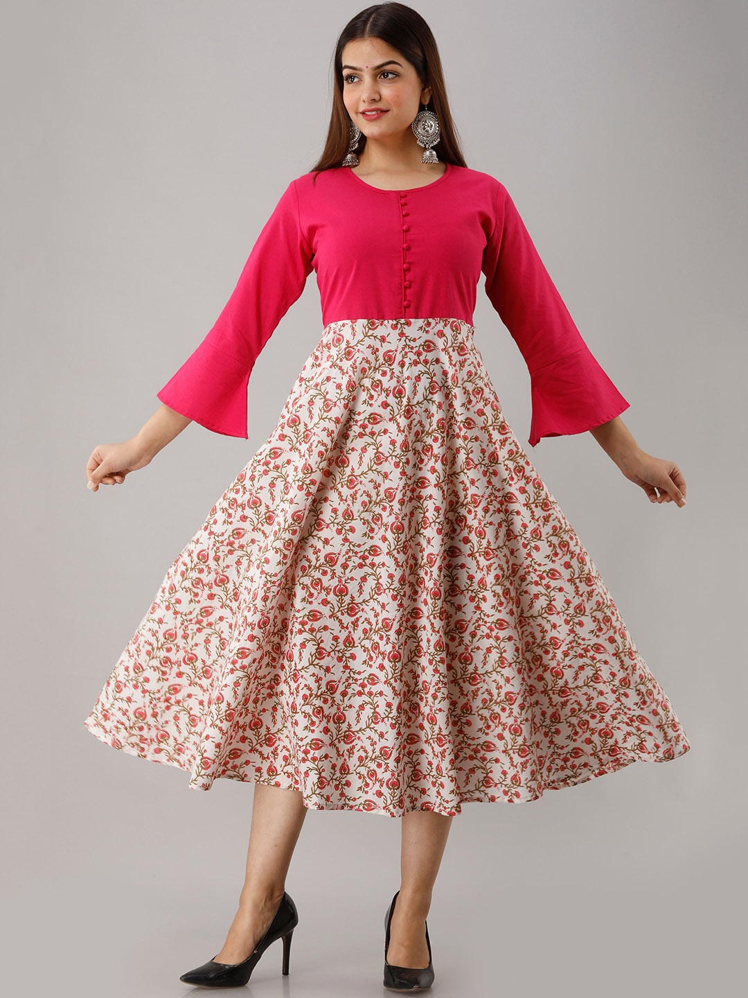 

SKY SHOPPIE Women Pink & Beige Floral Printed Bell Sleeves Anarkali Kurta