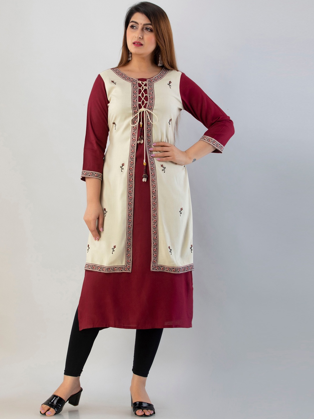 

SKY SHOPPIE Women Maroon & Off White Rayon Floral Embroidered Layered Jacket Kurta