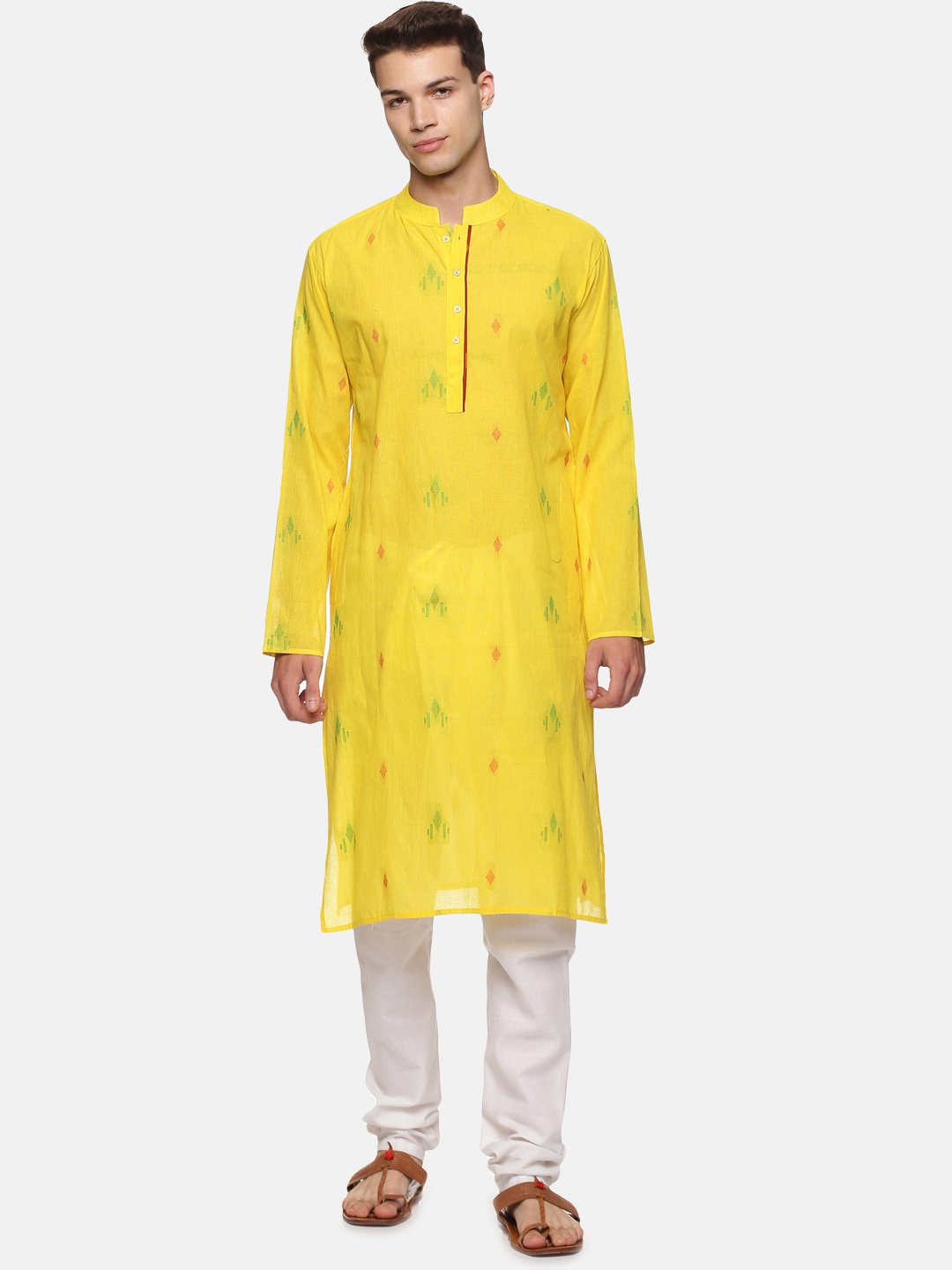 

PAROKSH Men Yellow Geometric Indie Prints Handloom Cotton Kurta