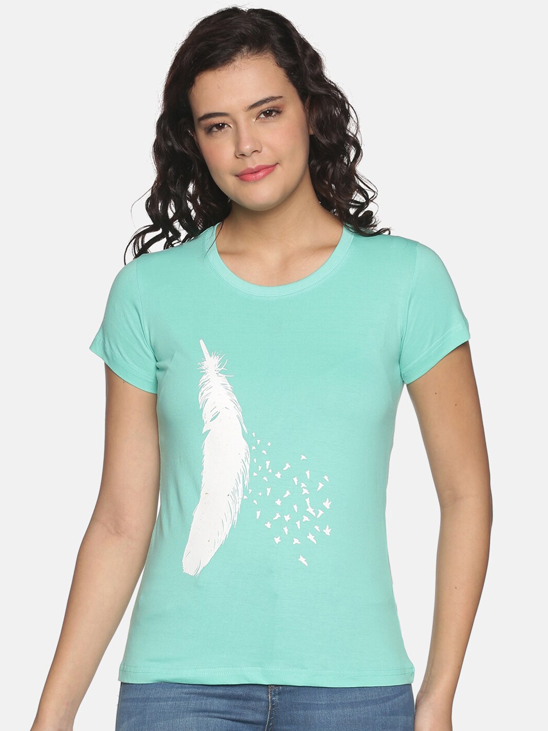 

OBOW Women Green Printed Bio Finish Cotton T-shirt
