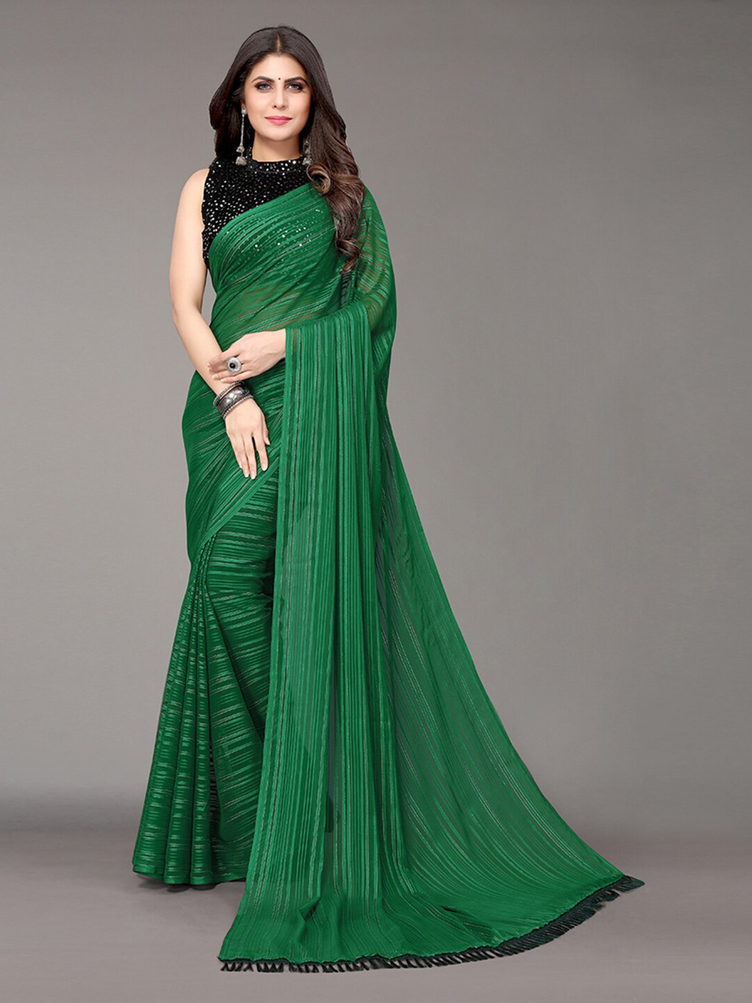 

KALINI Green Embellished Sequinned Satin Saree