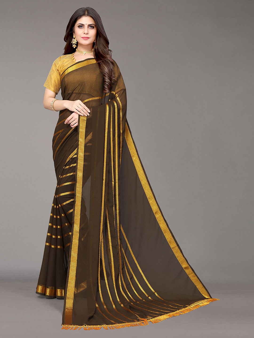

KALINI Olive Green & Yellow Striped Zari Saree