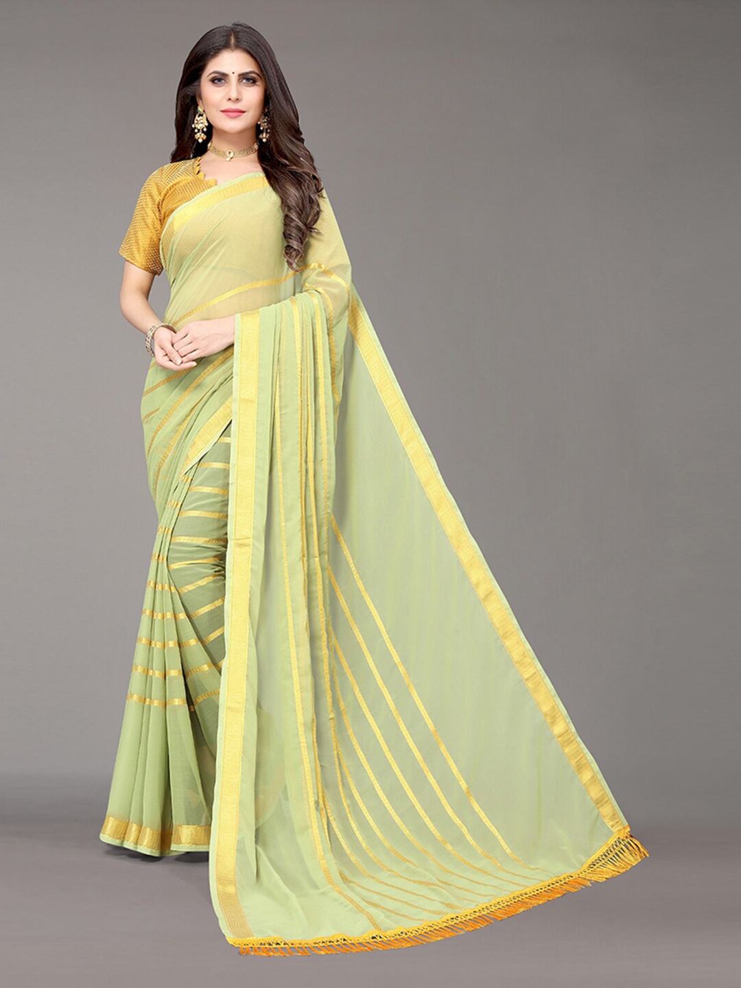 

KALINI Lime Green & Gold-Toned Striped Zari Saree