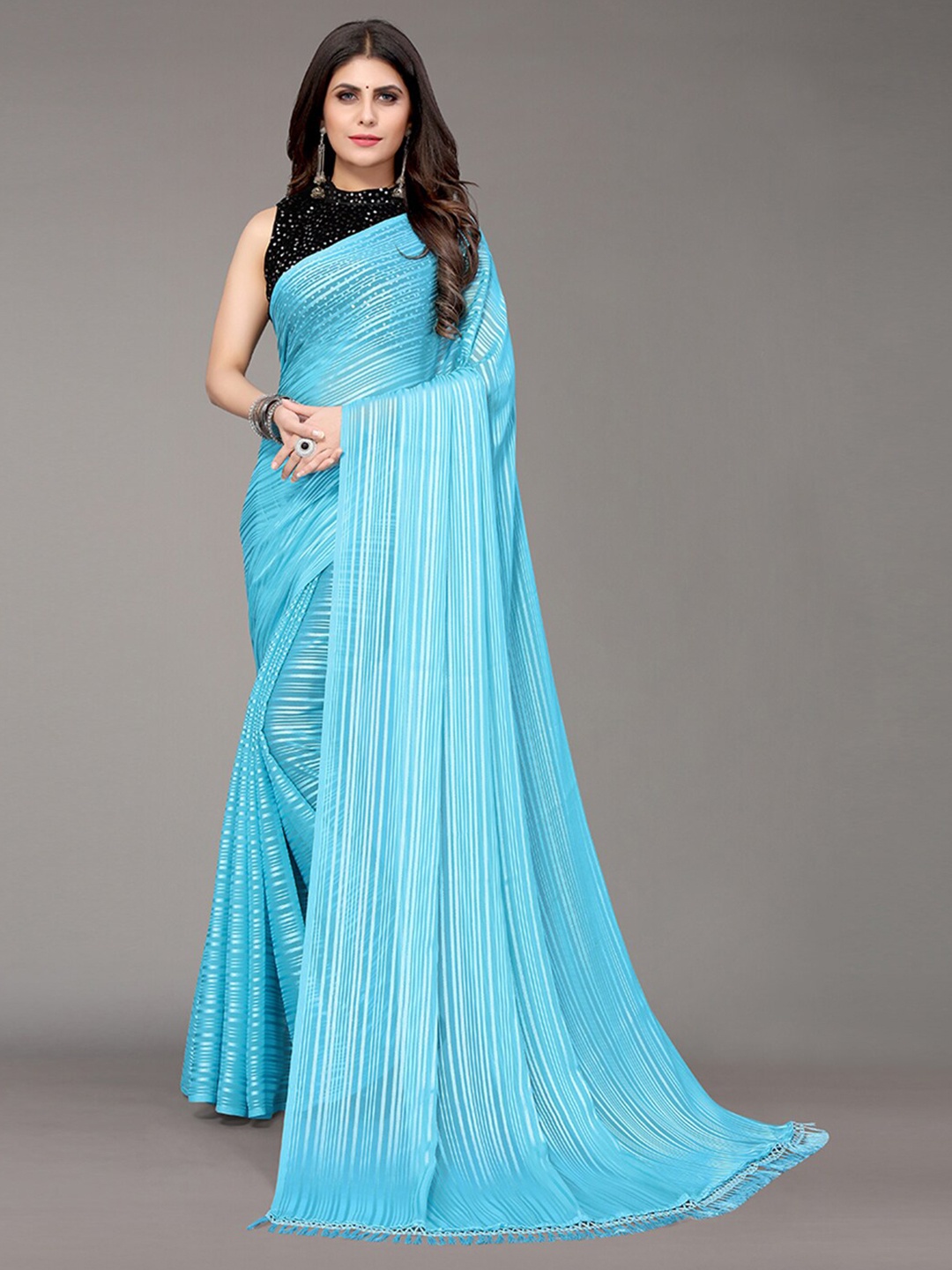 

KALINI Turquoise Blue & Silver-Toned Striped Satin Saree