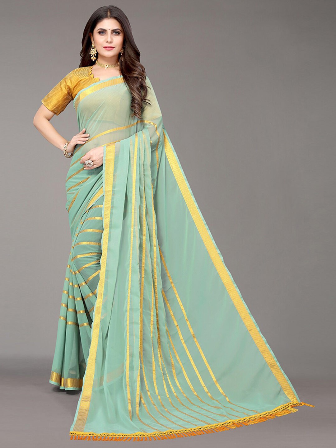 

KALINI Sea Green & Gold-Toned Striped Zari Saree