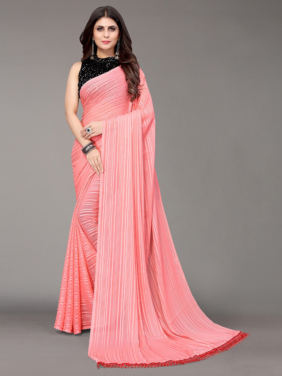 

KALINI Peach-Coloured Striped Satin Saree
