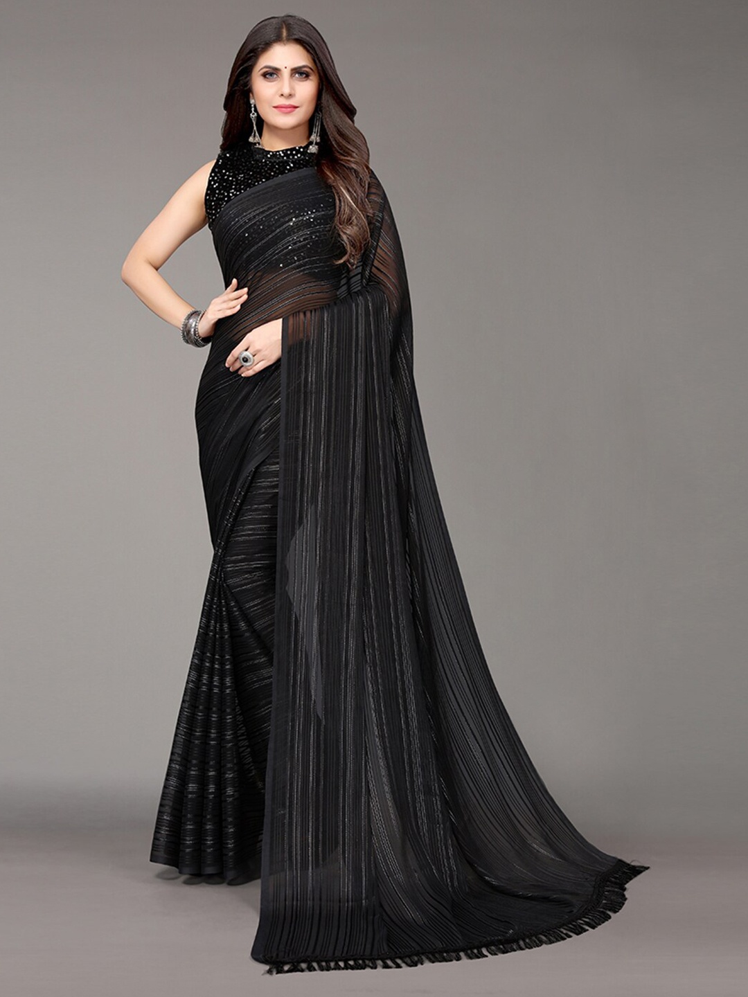 

KALINI Black Striped Satin Saree