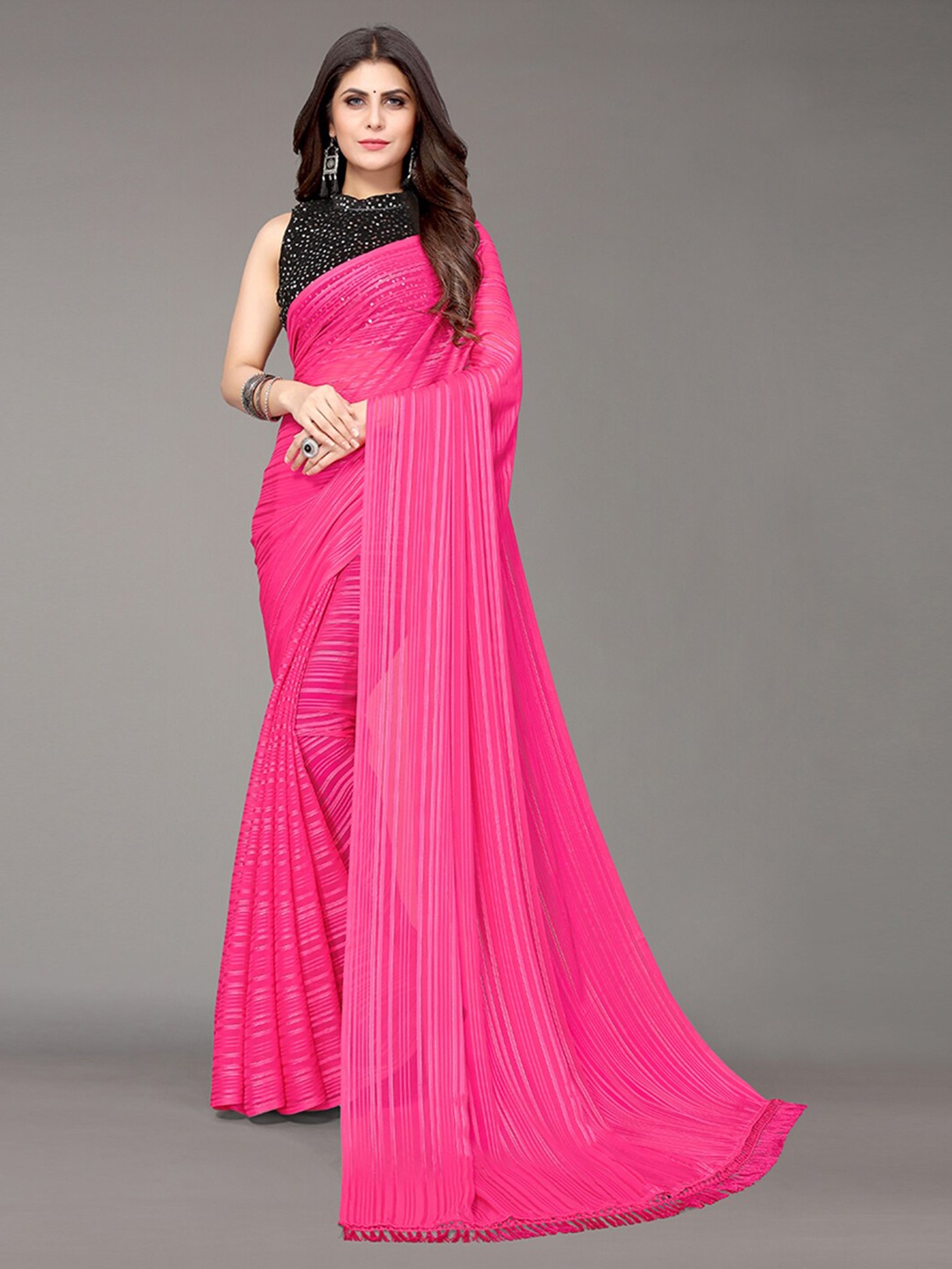 

KALINI Pink Striped Satin Saree