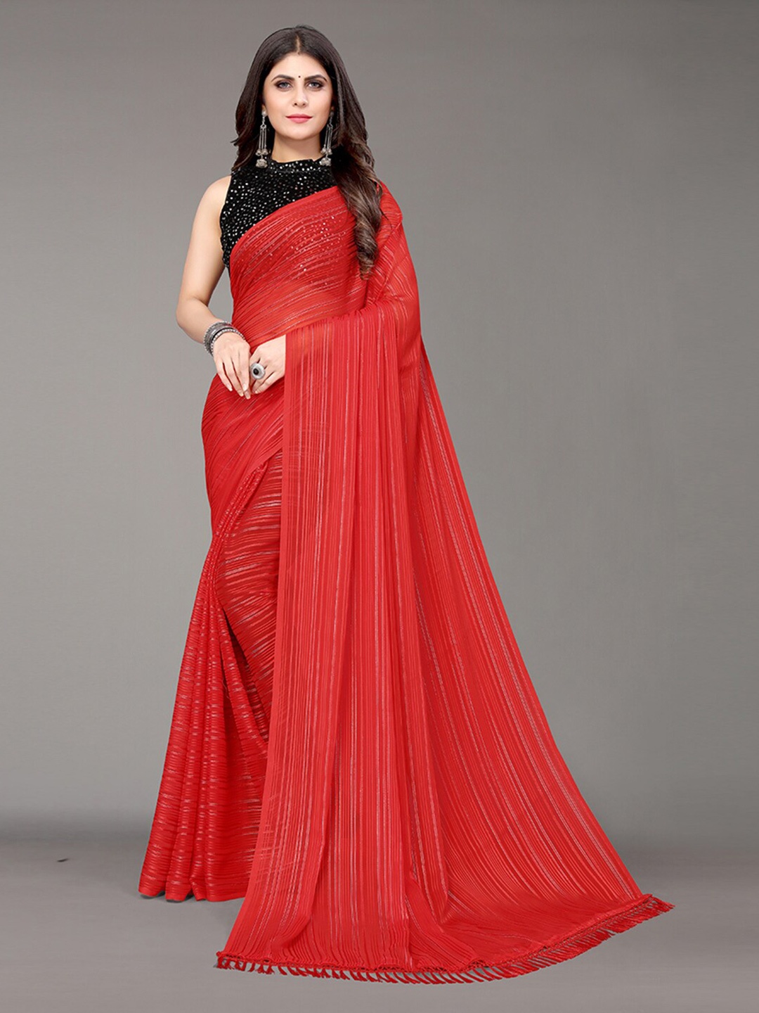 

KALINI Red Striped Satin Saree