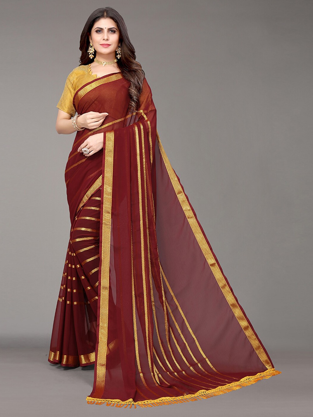 

KALINI Maroon & Gold-Toned Striped Zari Saree