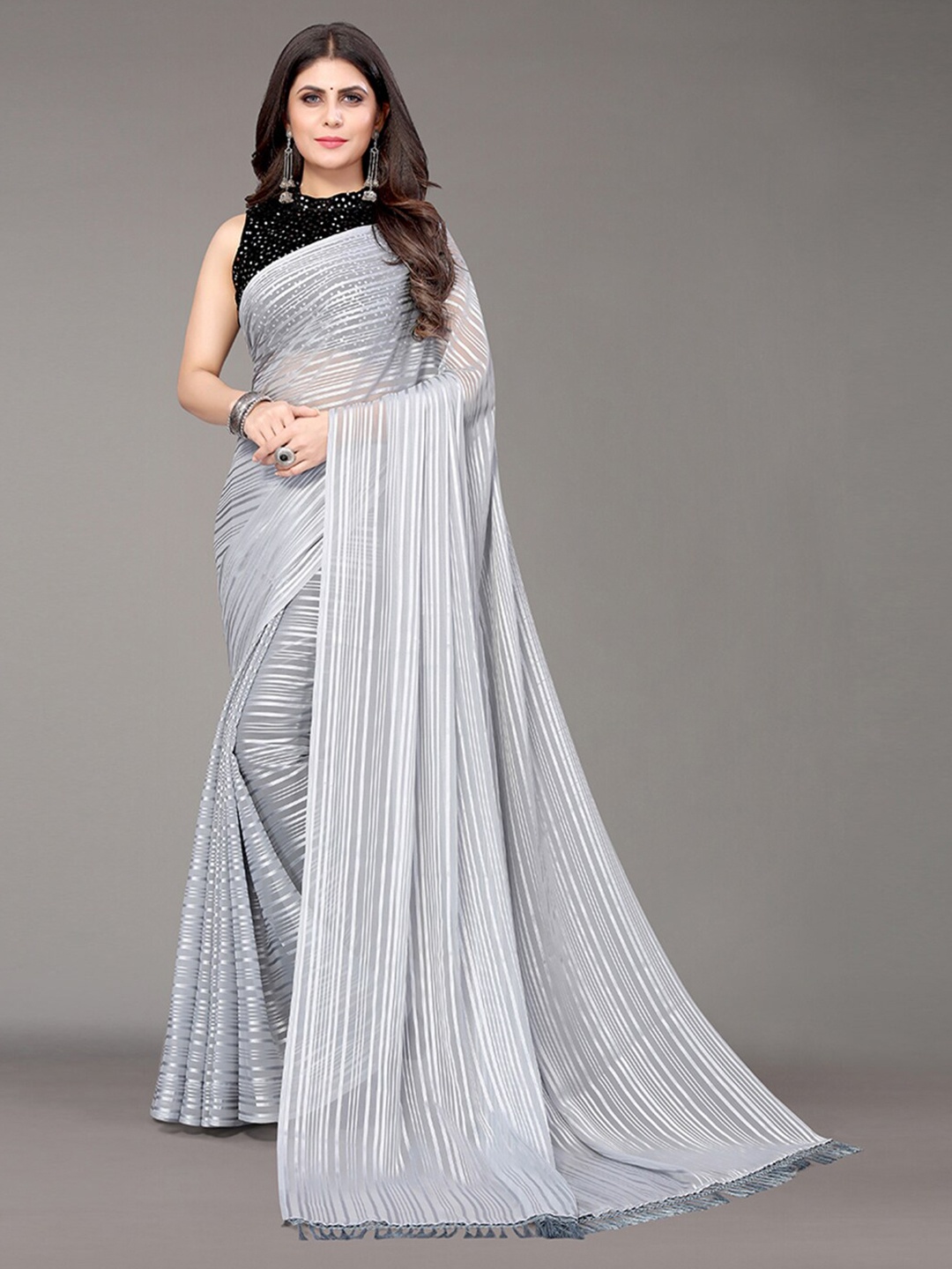 

KALINI Grey Striped Satin Saree