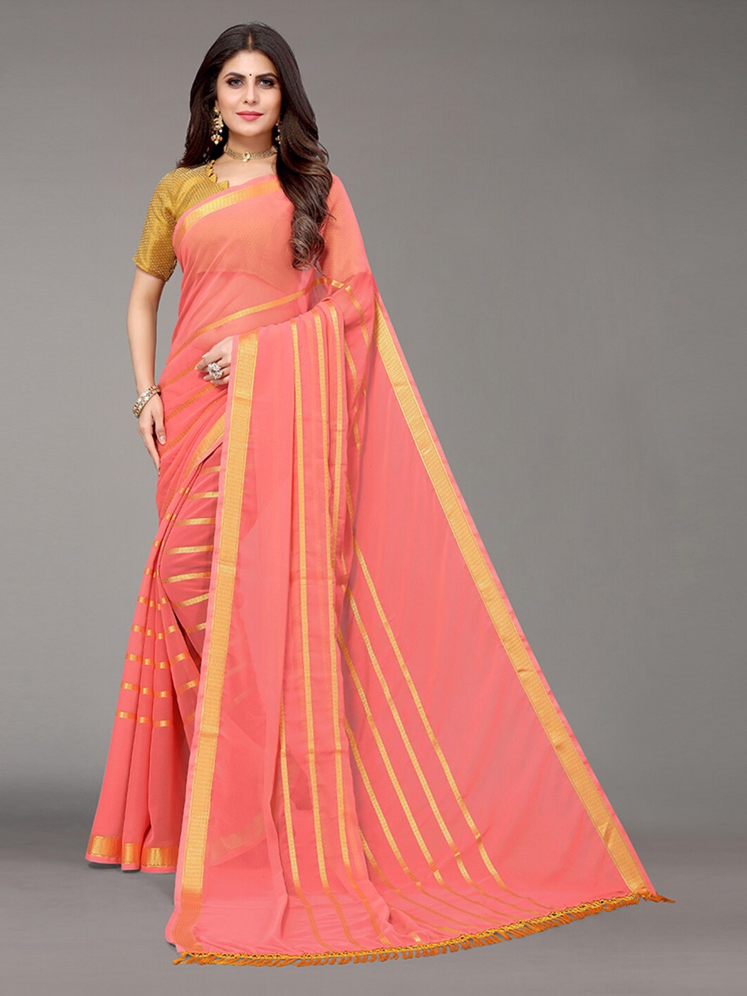 

KALINI Peach-Coloured & Gold-Toned Striped Zari Saree