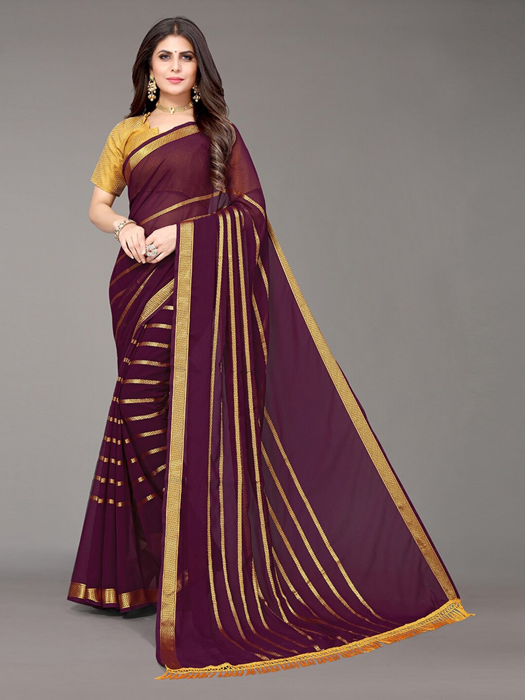 

KALINI Purple & Gold-Toned Striped Zari Saree