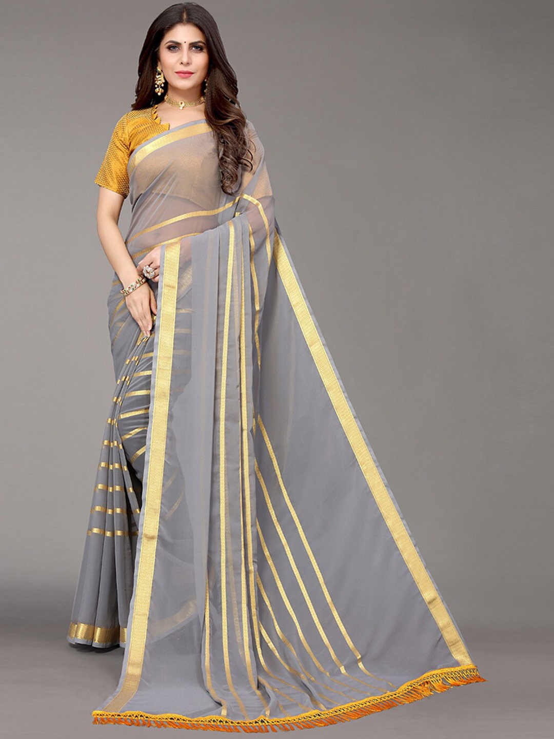 

KALINI Grey & Gold-Toned Striped Zari Saree