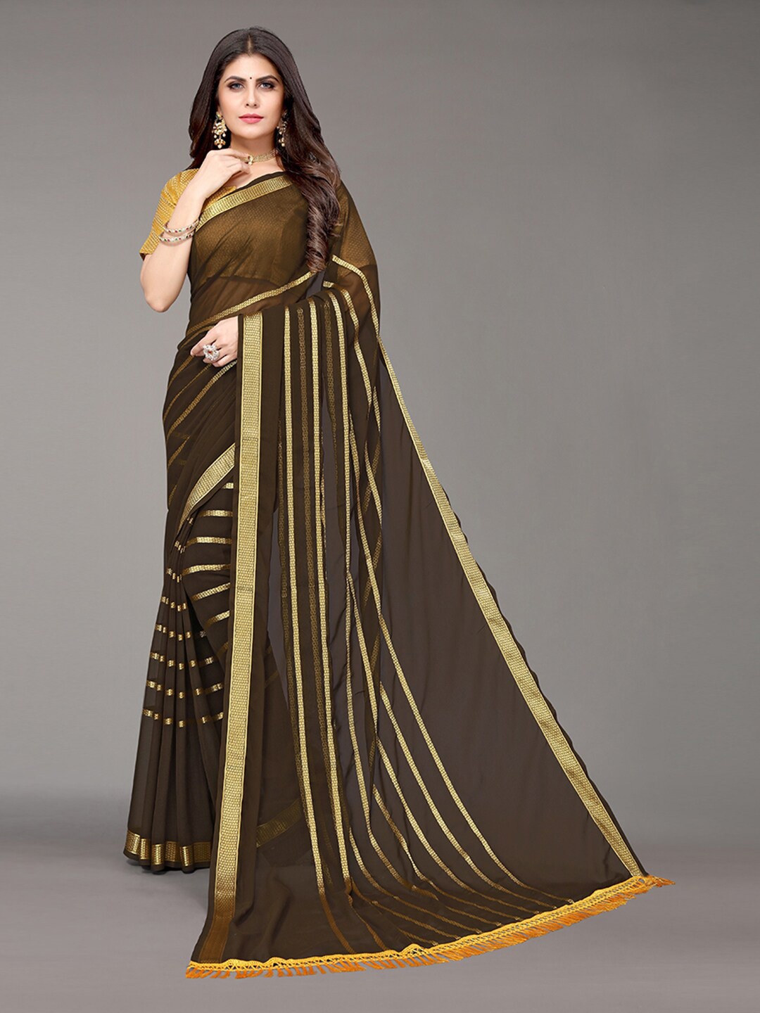 

KALINI Coffee Brown & Mustard Striped Zari Saree