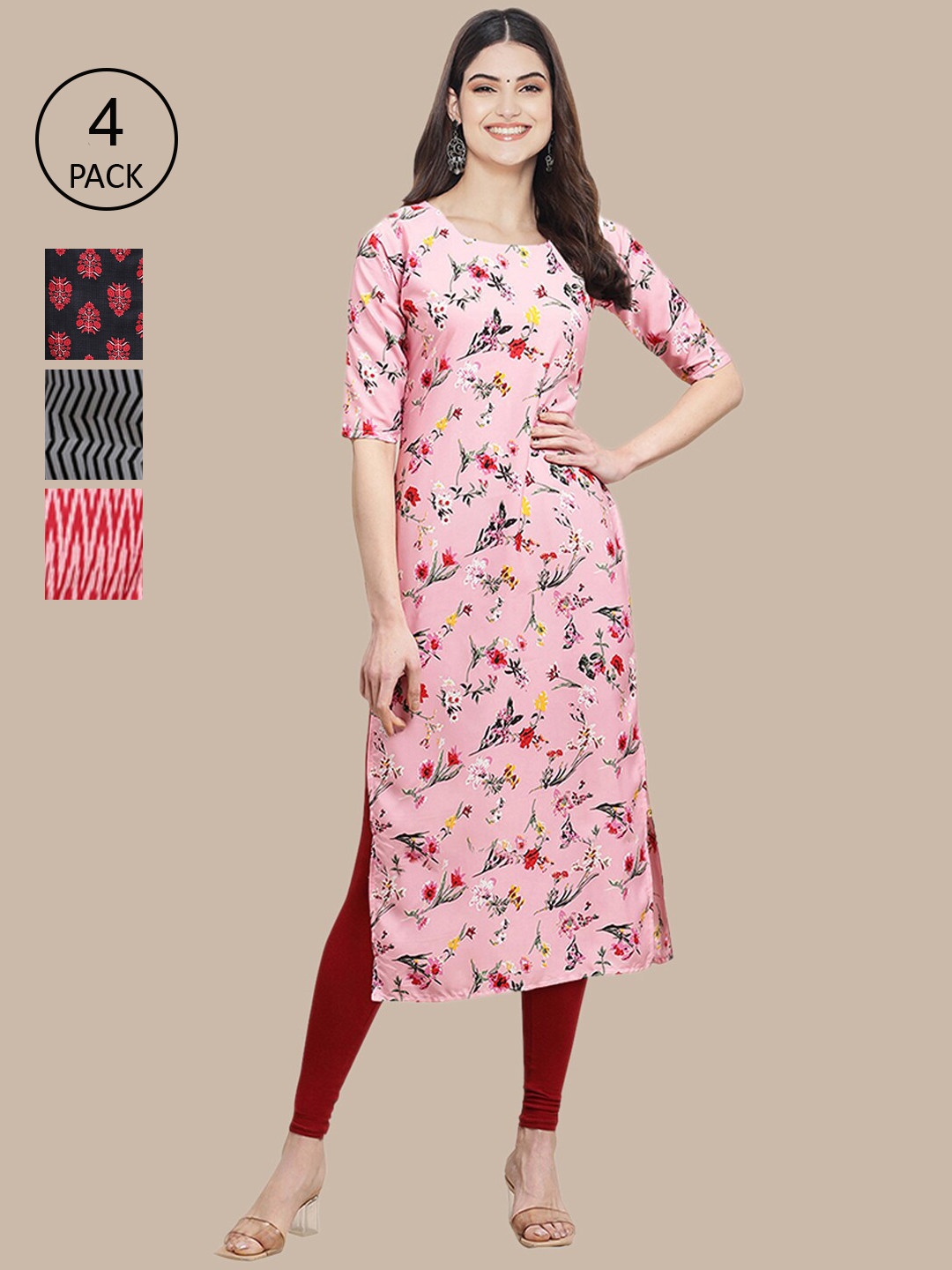 

Ethnic basket Women Pack Of 4 Printed Crepe Straight Kurta, Pink