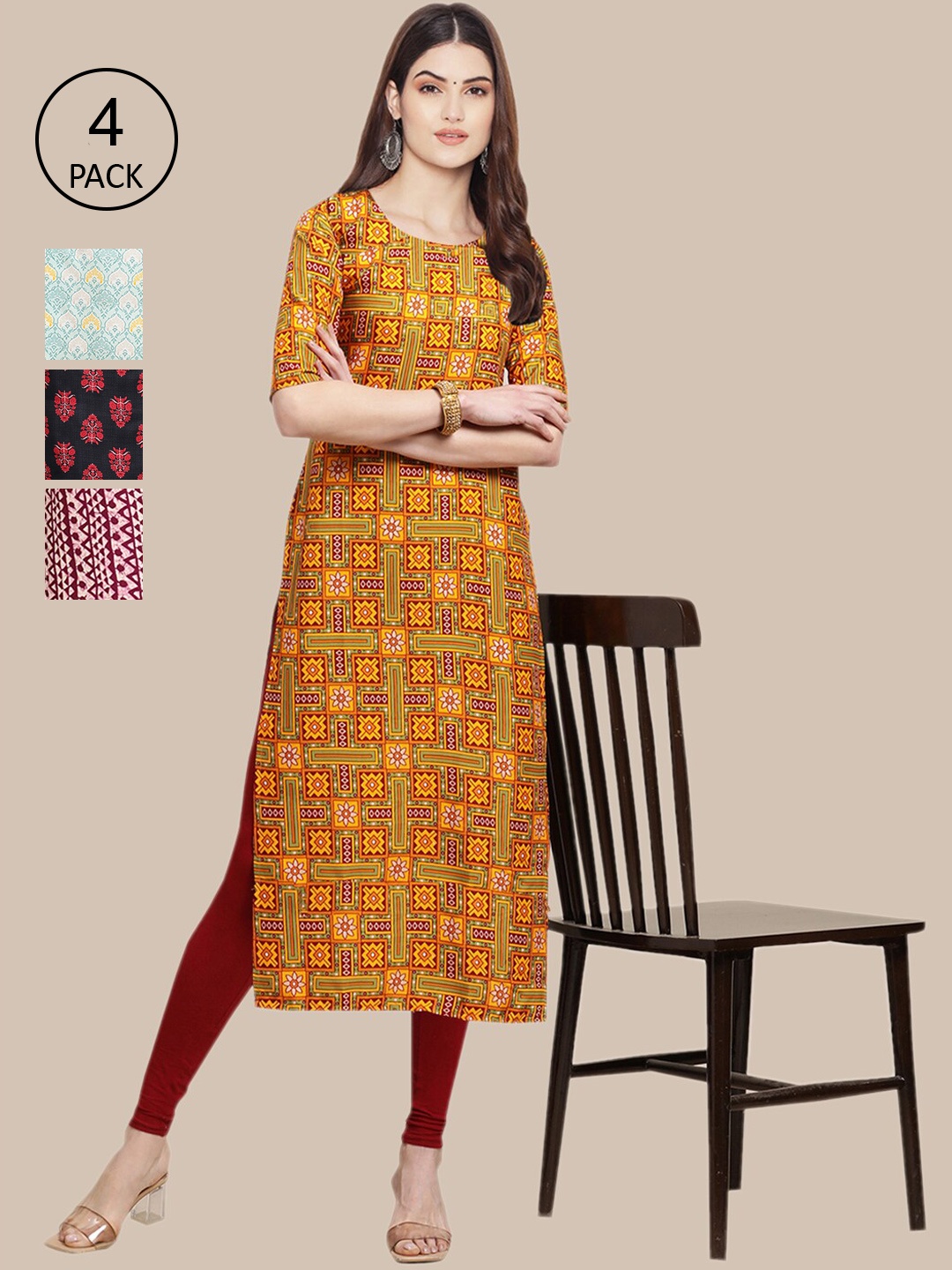 

Ethnic basket Women Pack Of 4 Printed Crepe Straight Kurta, Mustard