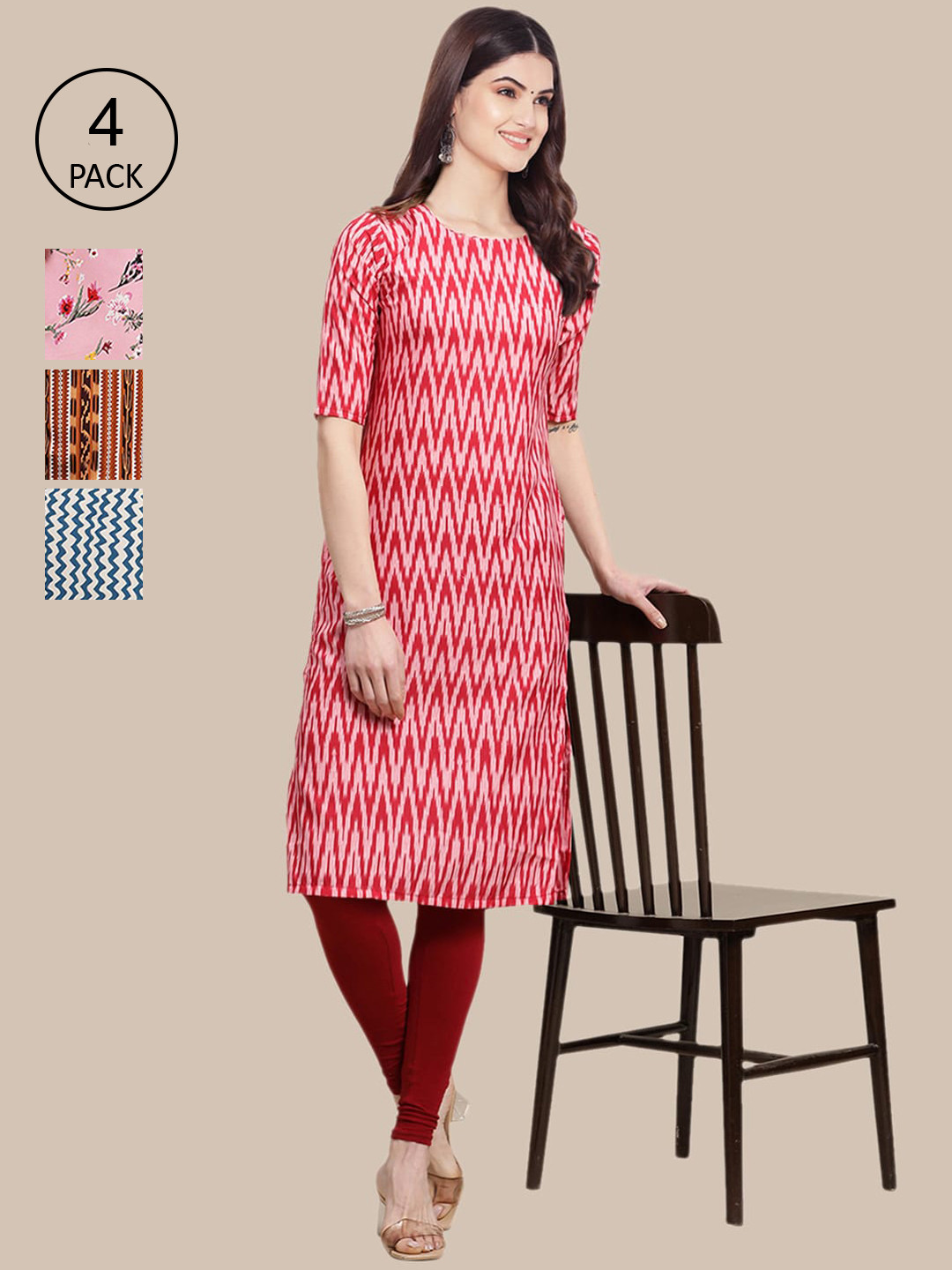 

Ethnic basket Women Pack Of 4 Printed Crepe Straight Kurta, Pink