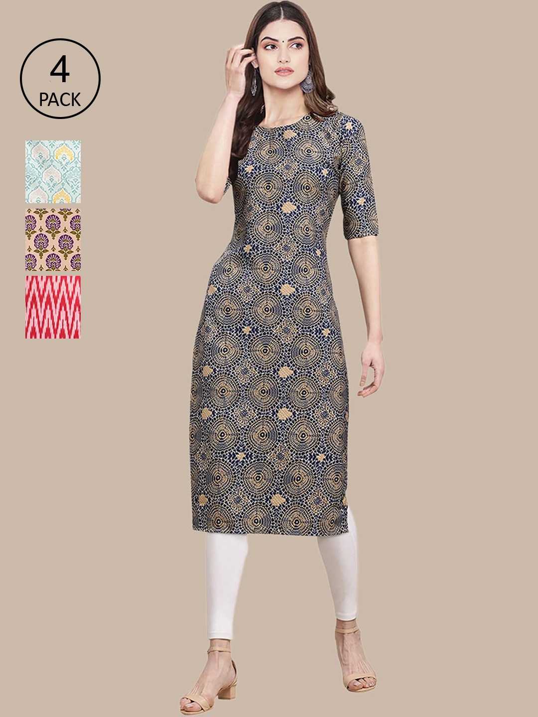 

Ethnic basket Women Pack Of 4 Printed Crepe Straight Kurta, Blue