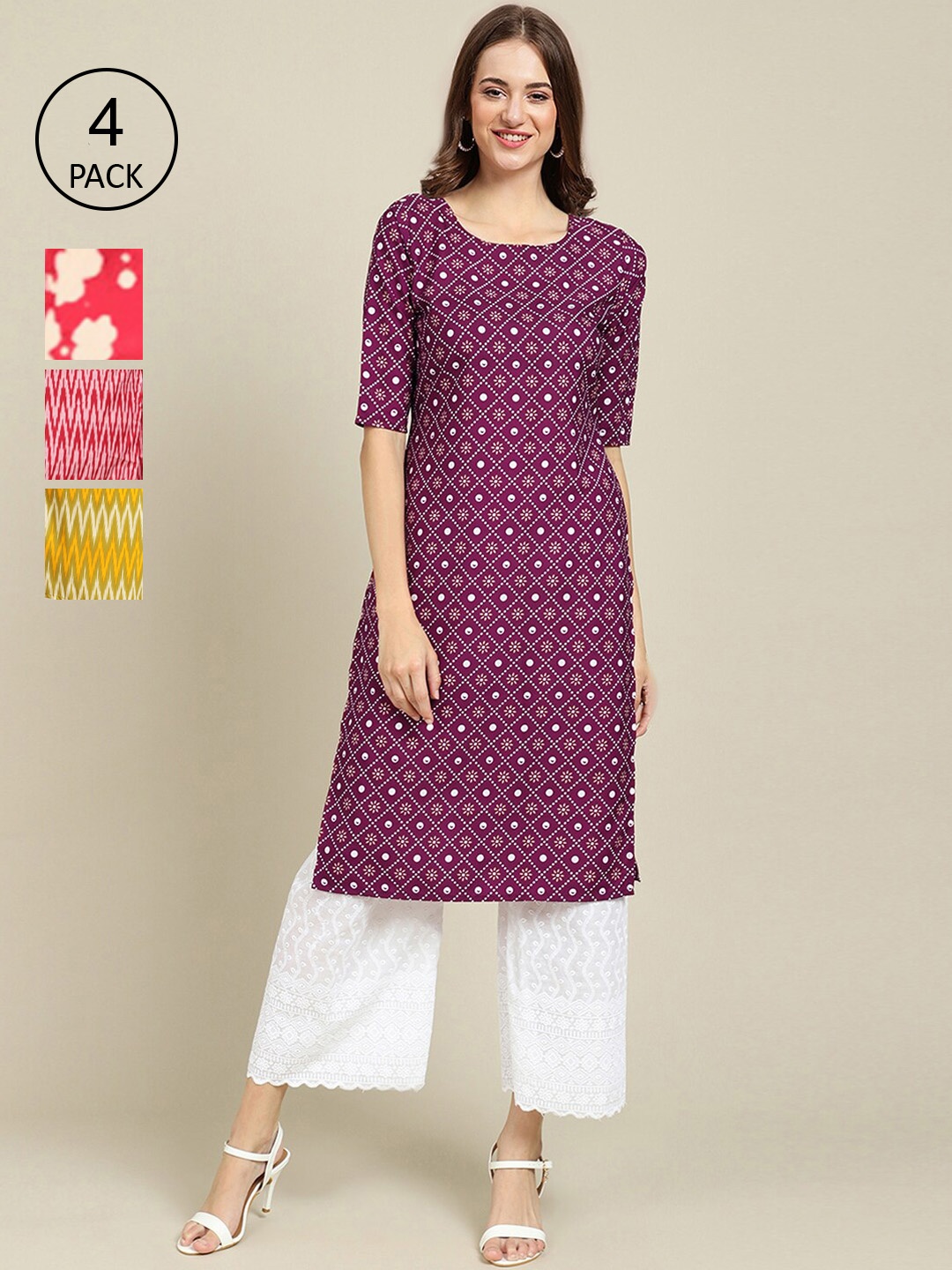 

Ethnic basket Women Pack Of 4 Printed Crepe Straight Kurta, Yellow