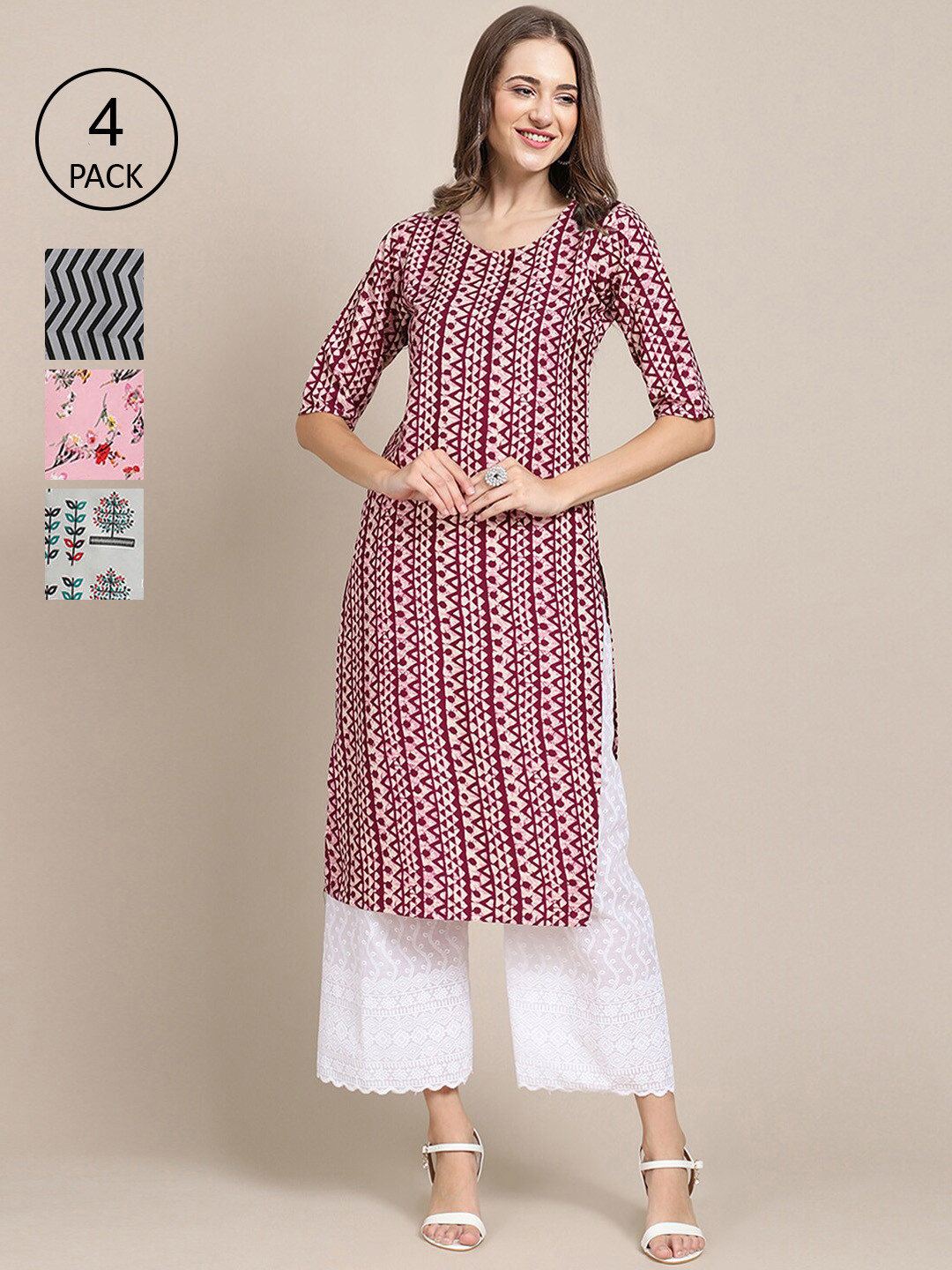 

Ethnic basket Women Pack Of 4 Printed Crepe Straight Kurta, Pink