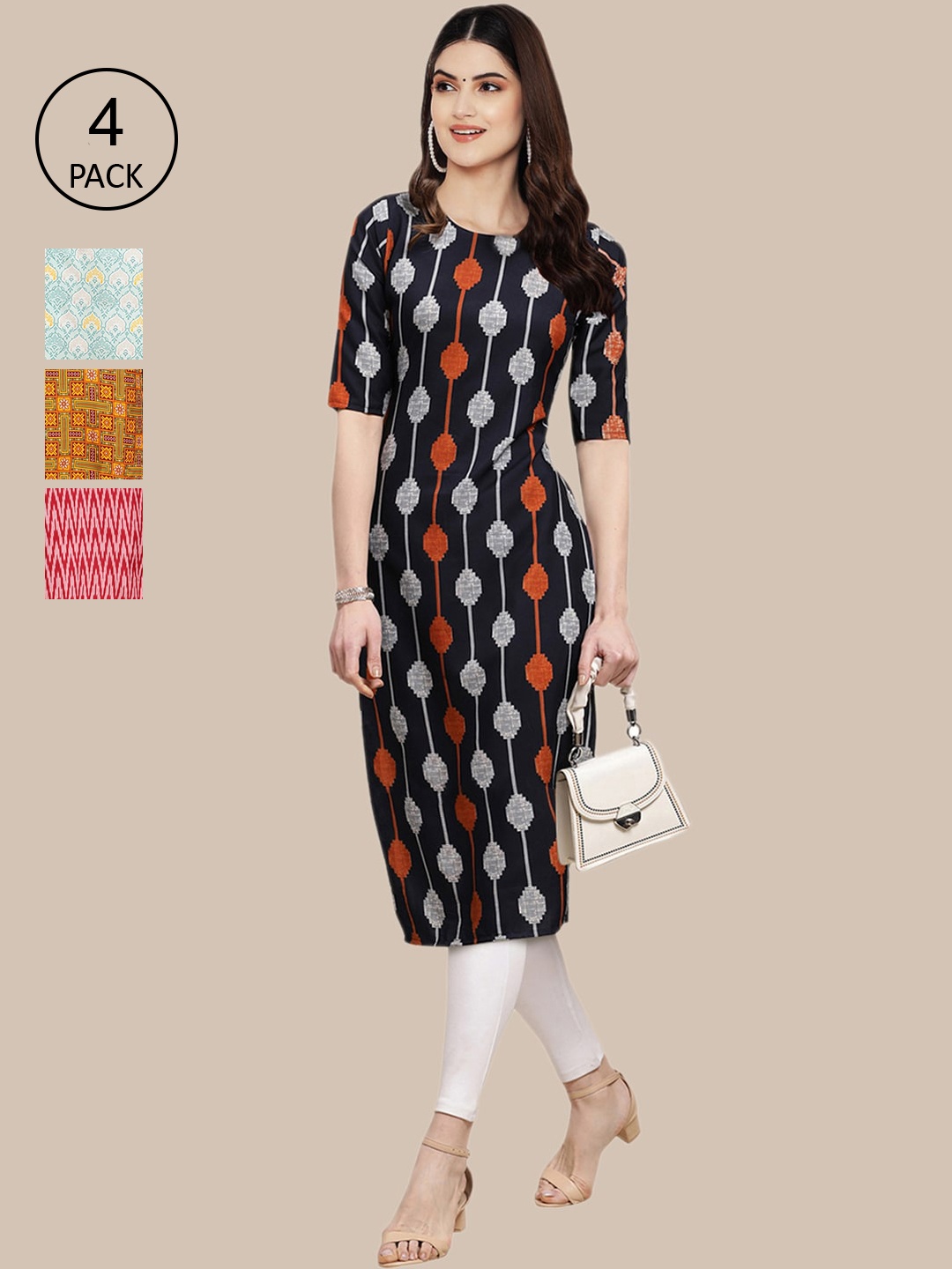 

Ethnic basket Women Pack of 4 Navy Blue & Yellow Printed Crepe Kurta