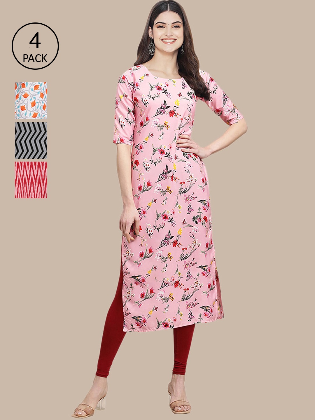

Ethnic basket Women Pack of 4 Pink & White Printed Crepe Kurta