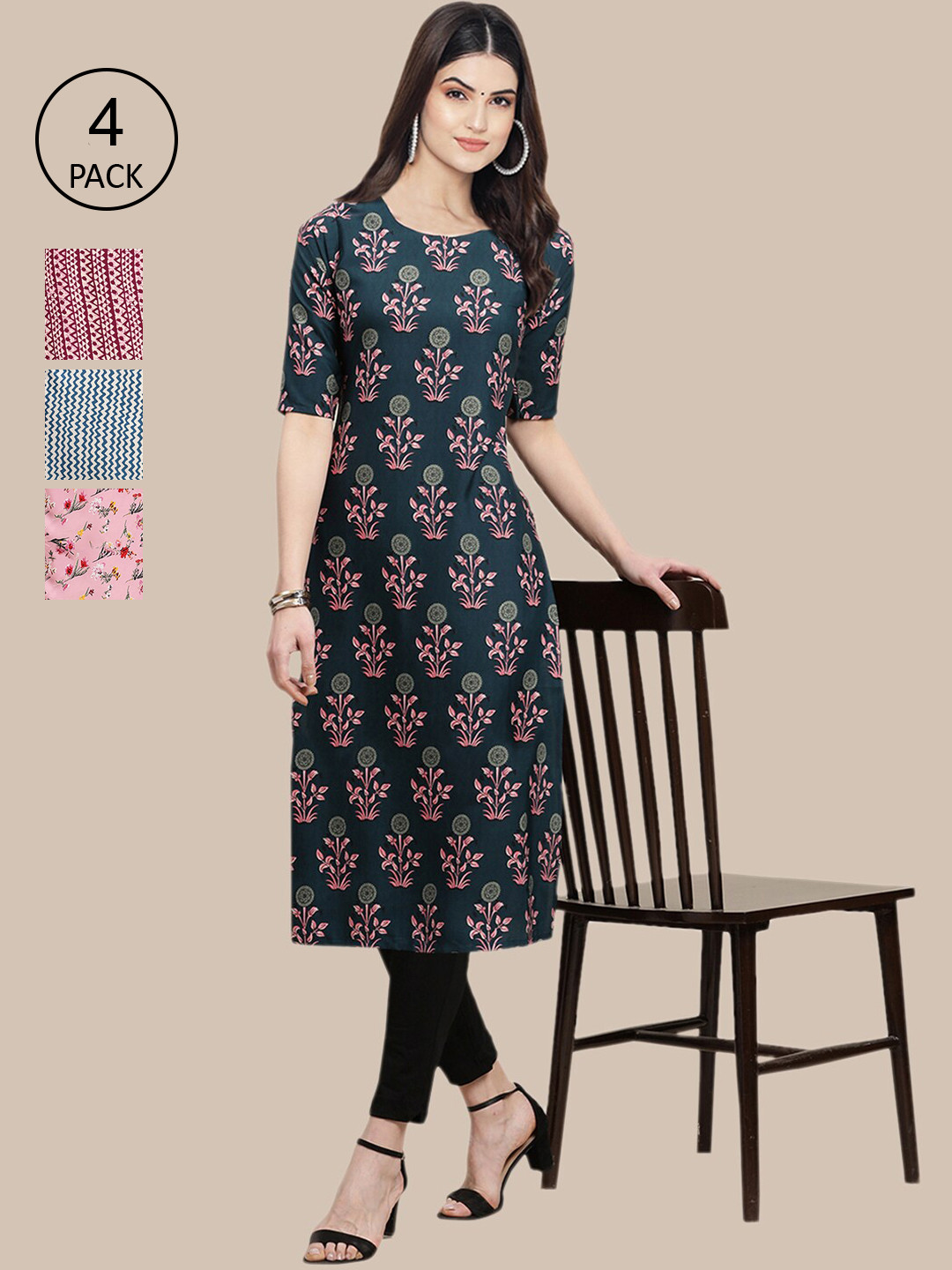 

Ethnic basket Women Pack of 4 Green & Pink Printed Crepe Kurta
