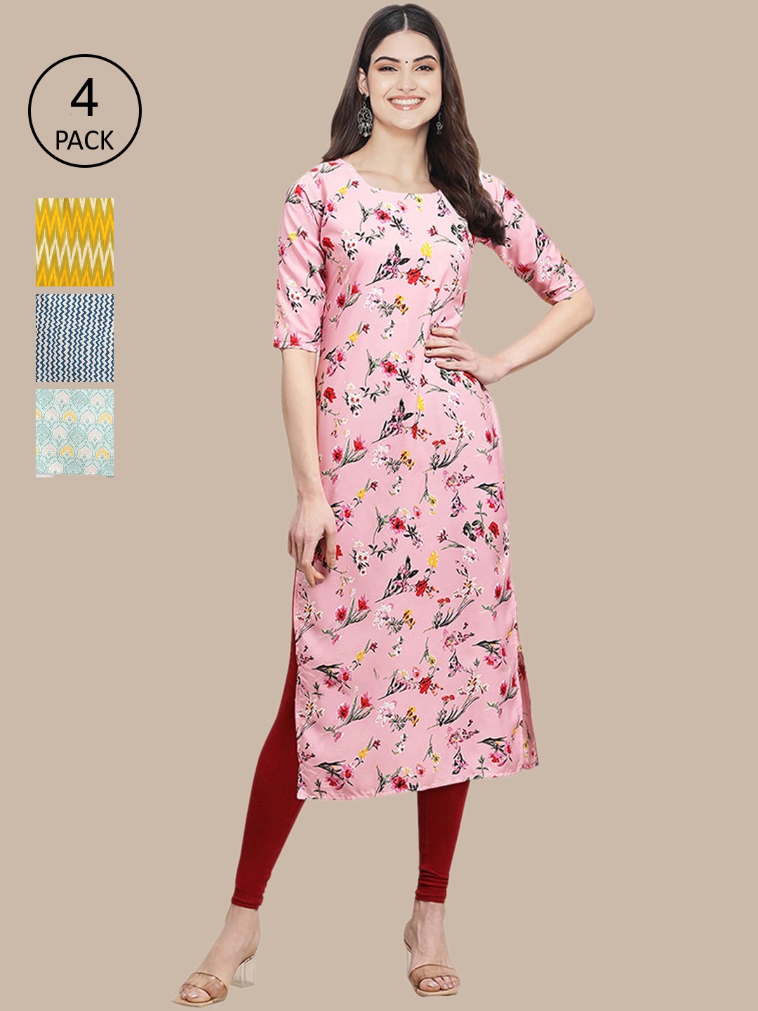 

Ethnic basket Women Pack of 4 Pink & Yellow Printed Crepe Kurta